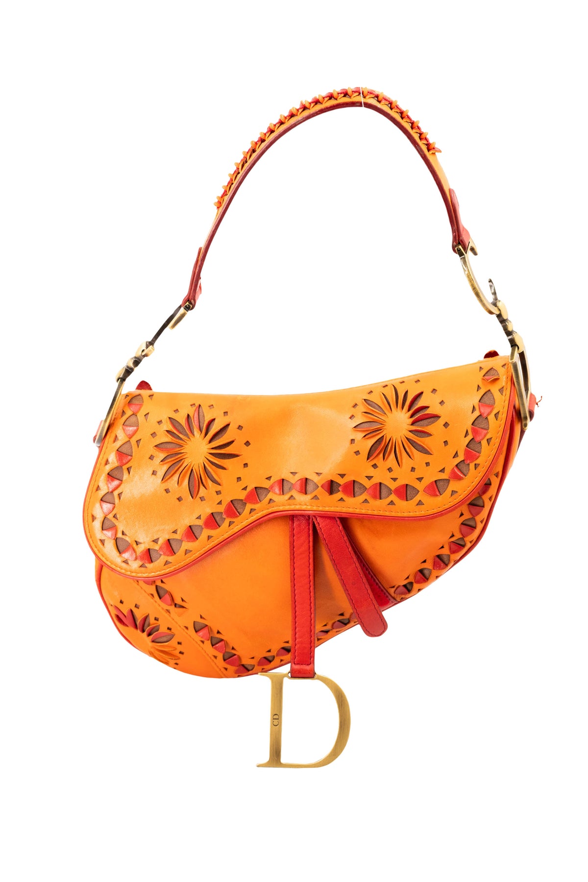 Christian Dior Galliano Orange Laser Cut Leather Saddle Bag 2002 Size M