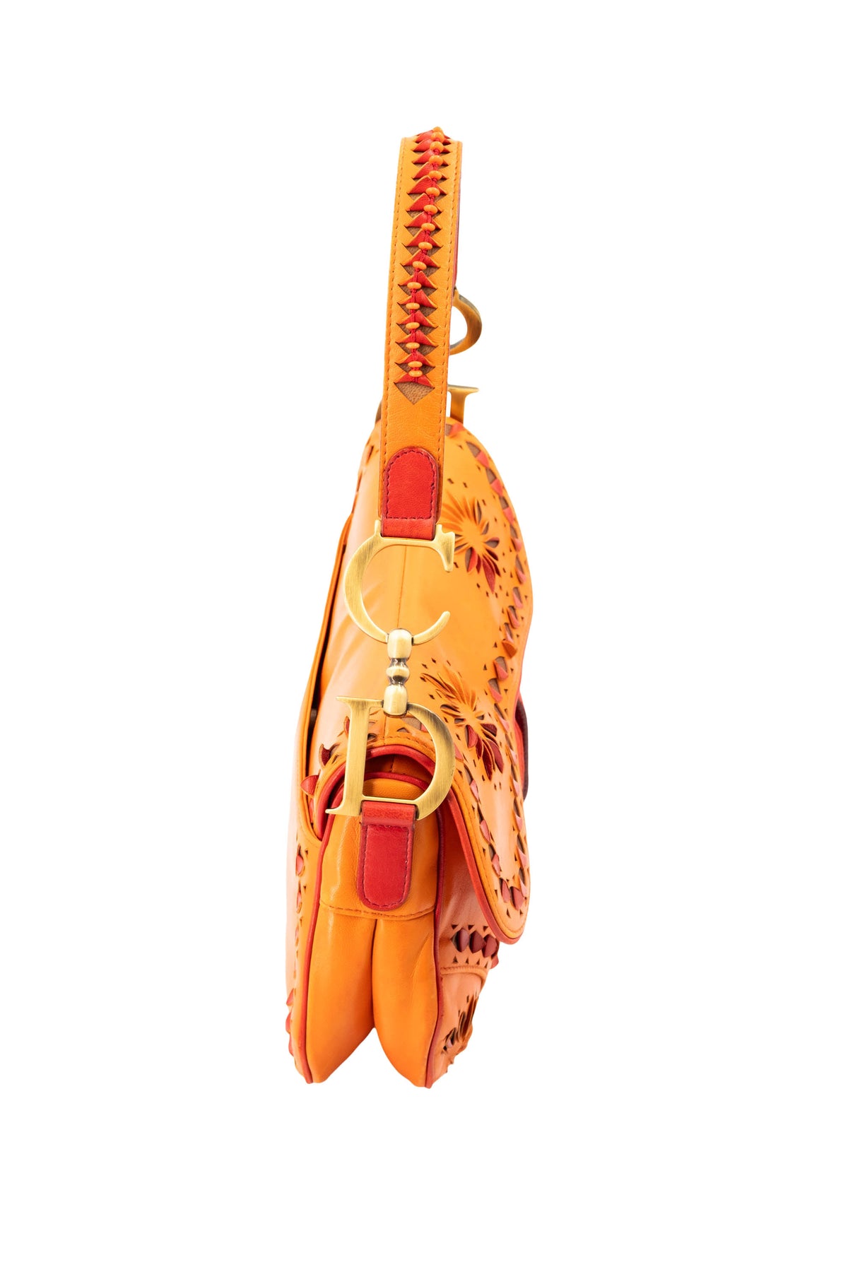 Christian Dior Galliano Orange Laser Cut Leather Saddle Bag 2002 Size M