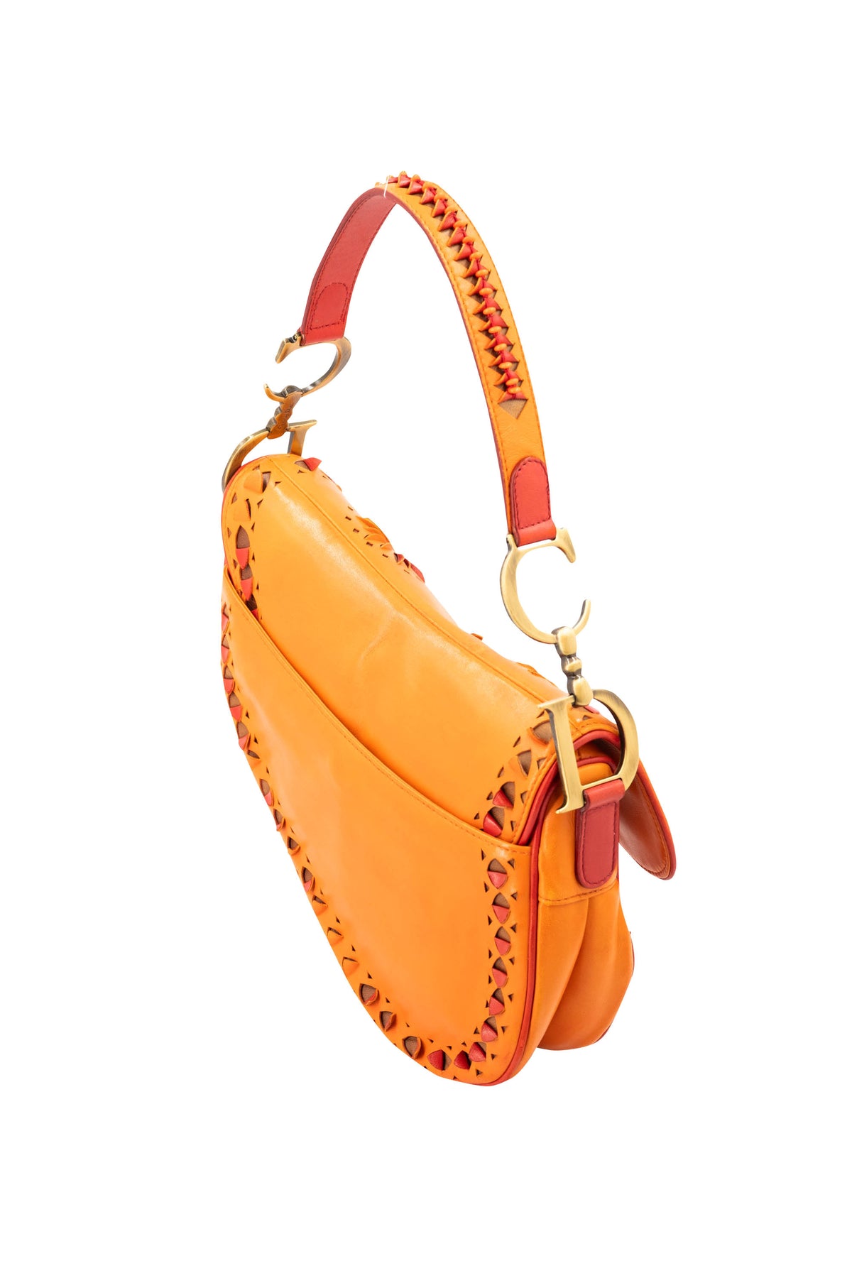 Christian Dior Galliano Orange Laser Cut Leather Saddle Bag 2002 Size M