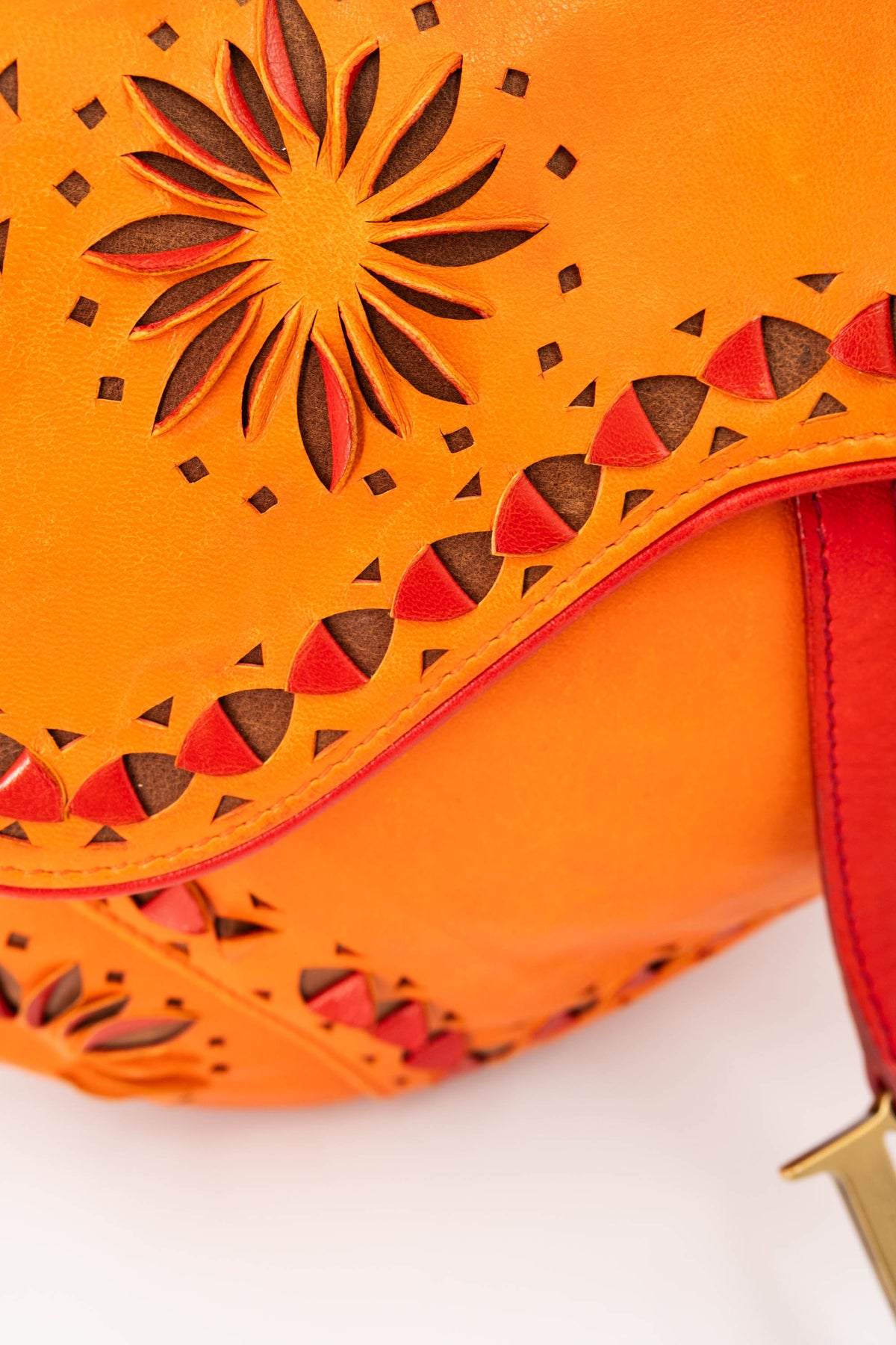 Christian Dior Galliano Orange Laser Cut Leather Saddle Bag 2002 Size M