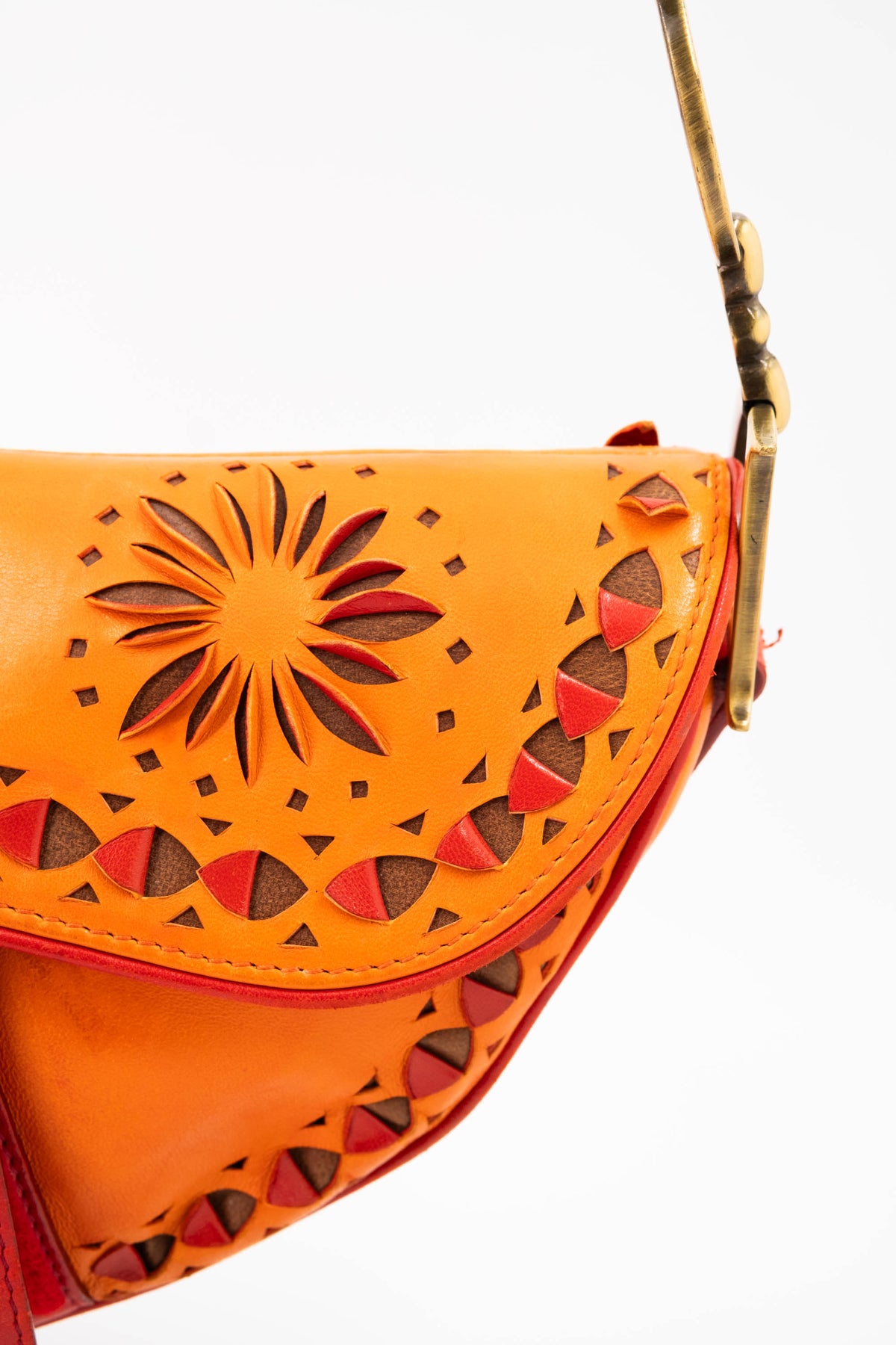 Christian Dior Galliano Orange Laser Cut Leather Saddle Bag 2002 Size M
