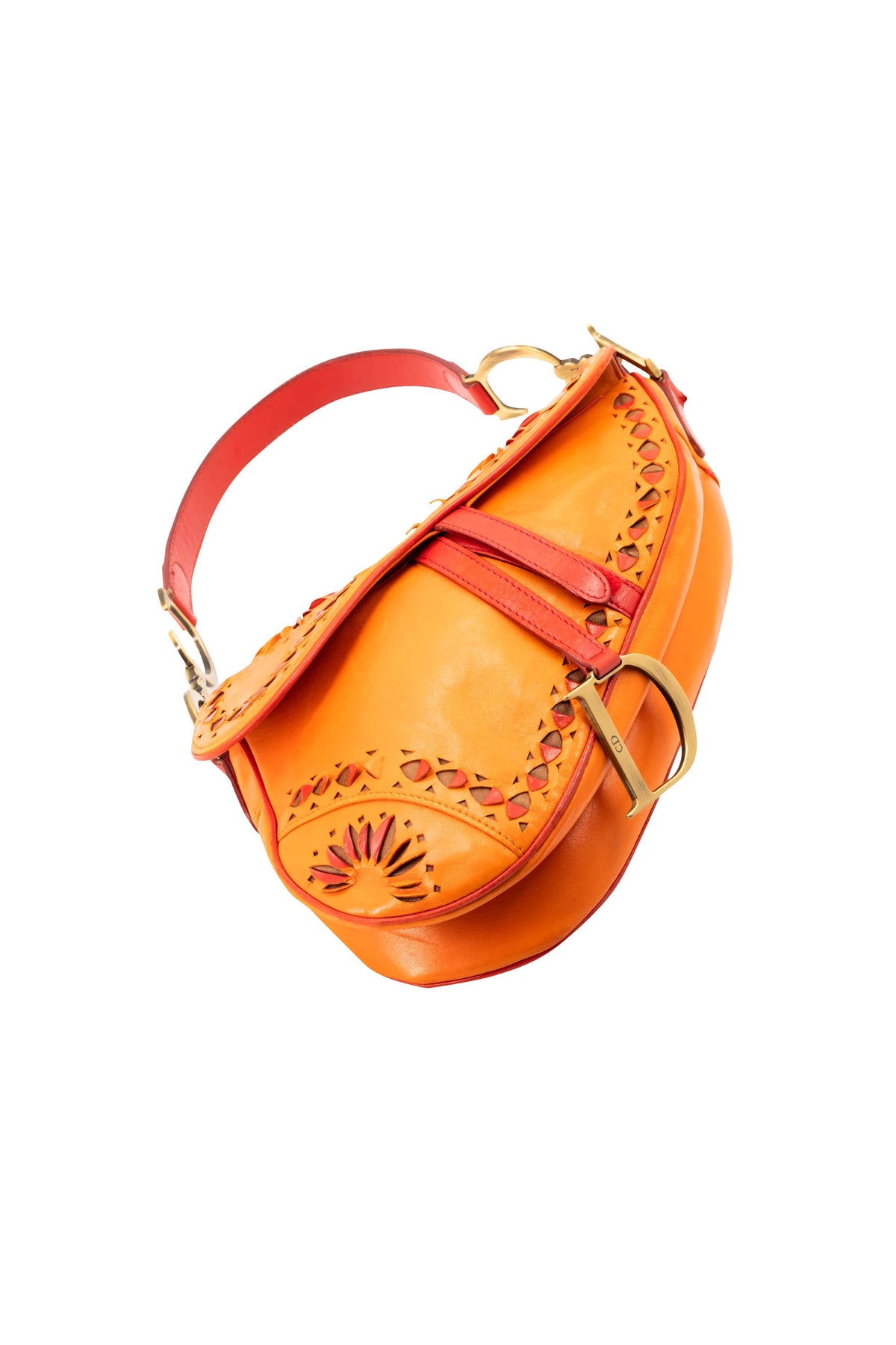 Christian Dior Galliano Orange Laser Cut Leather Saddle Bag 2002 Size M