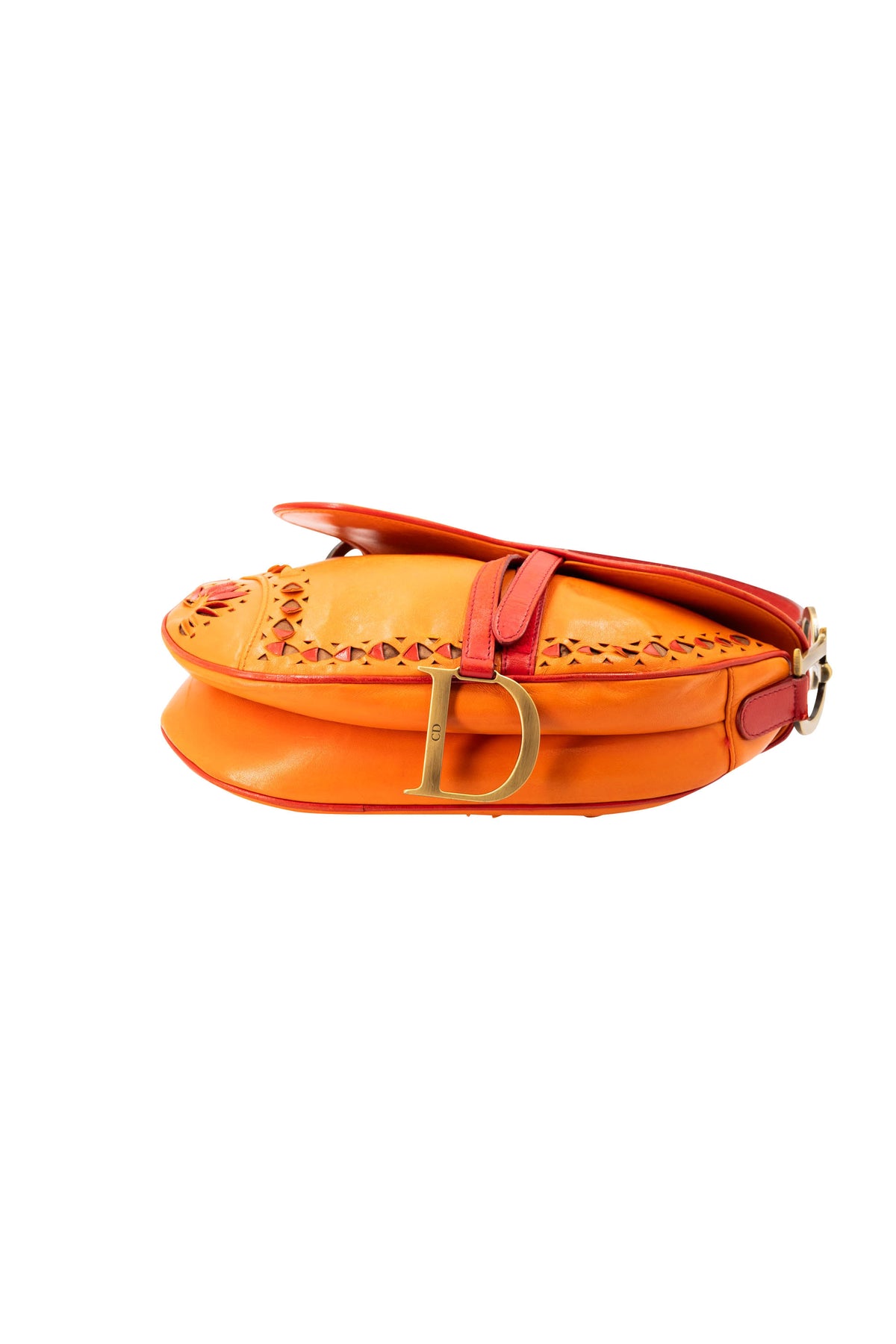 Christian Dior Galliano Orange Laser Cut Leather Saddle Bag 2002 Size M