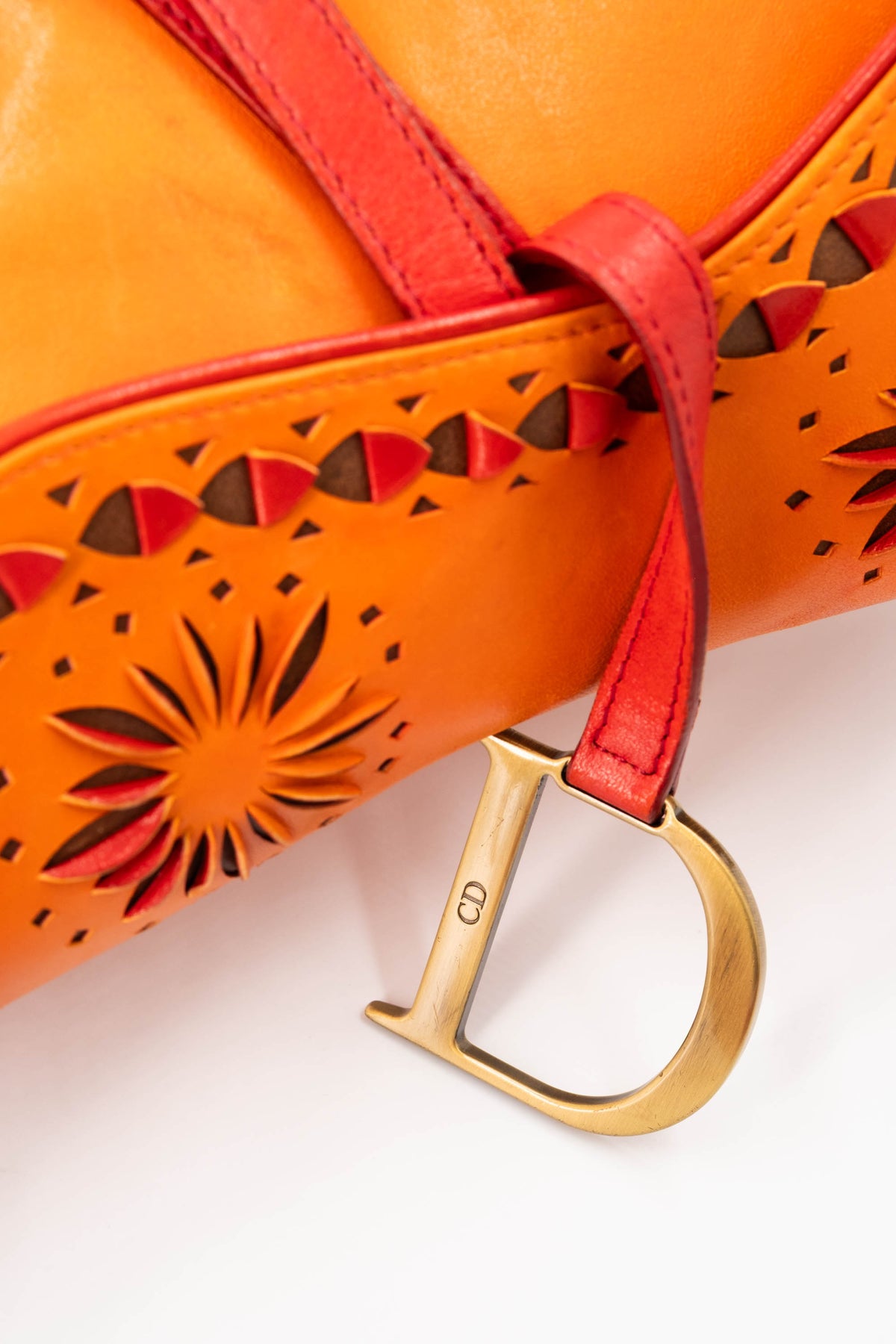 Christian Dior Galliano Orange Laser Cut Leather Saddle Bag 2002 Size M