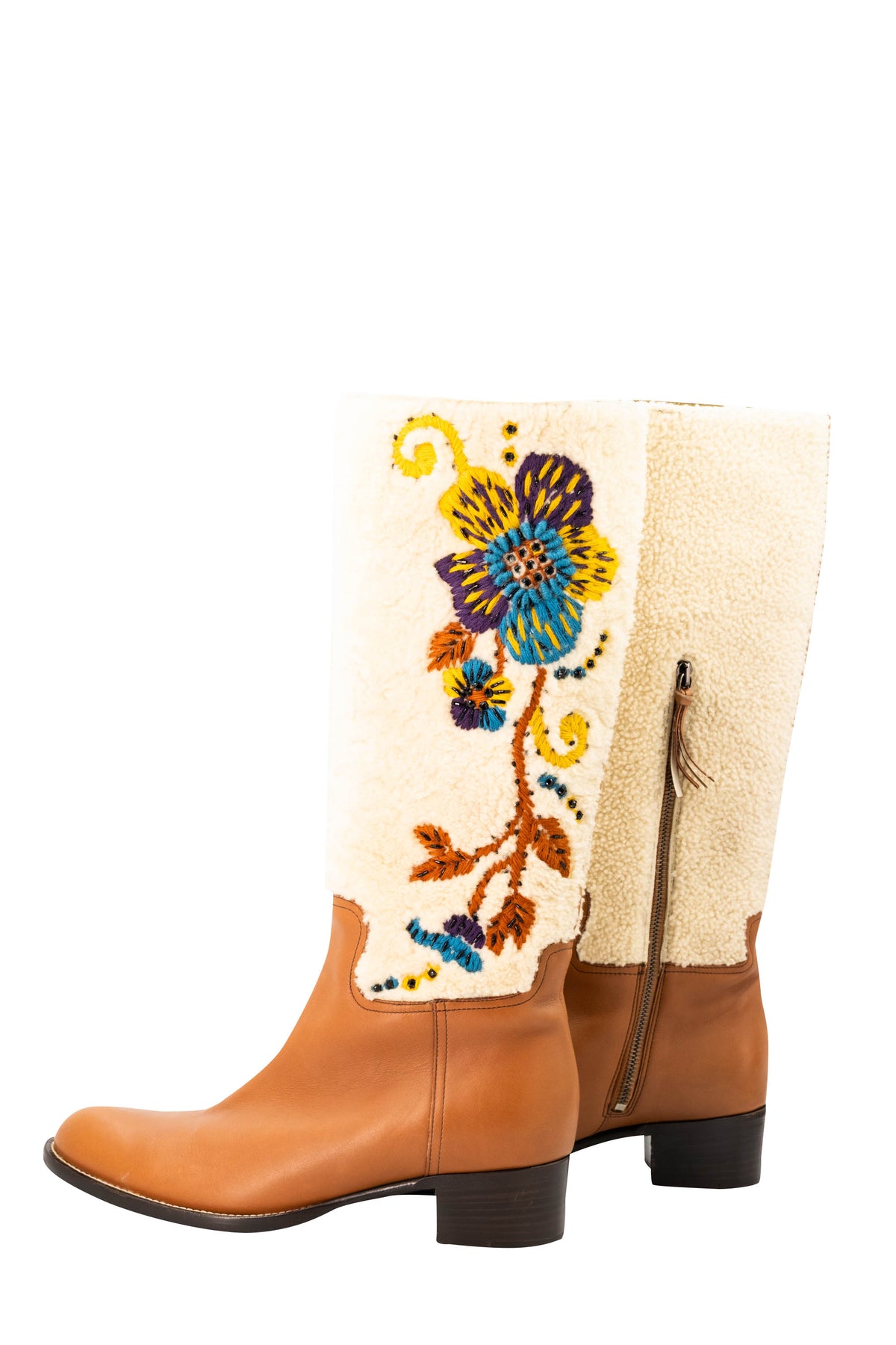 Miu Miu Tan Leather Cream Embroidered Shearling Campus Boots Size 39