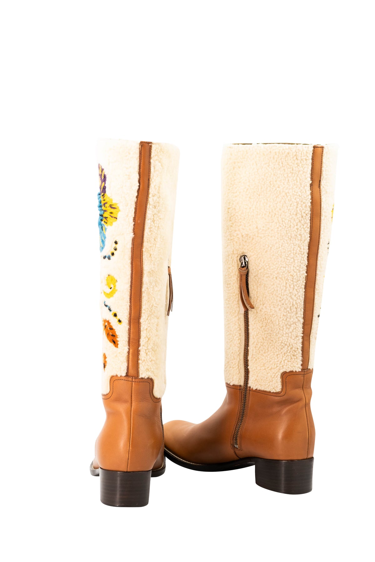 Miu Miu Tan Leather Cream Embroidered Shearling Campus Boots Size 39