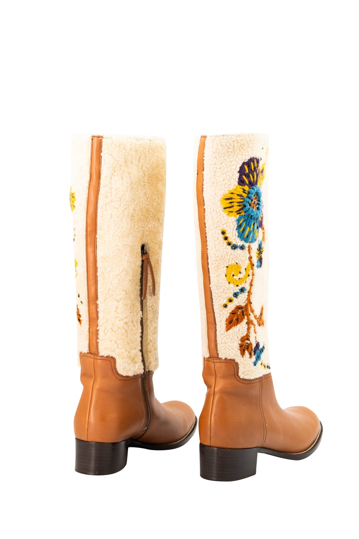 Miu Miu Tan Leather Cream Embroidered Shearling Campus Boots Size 39