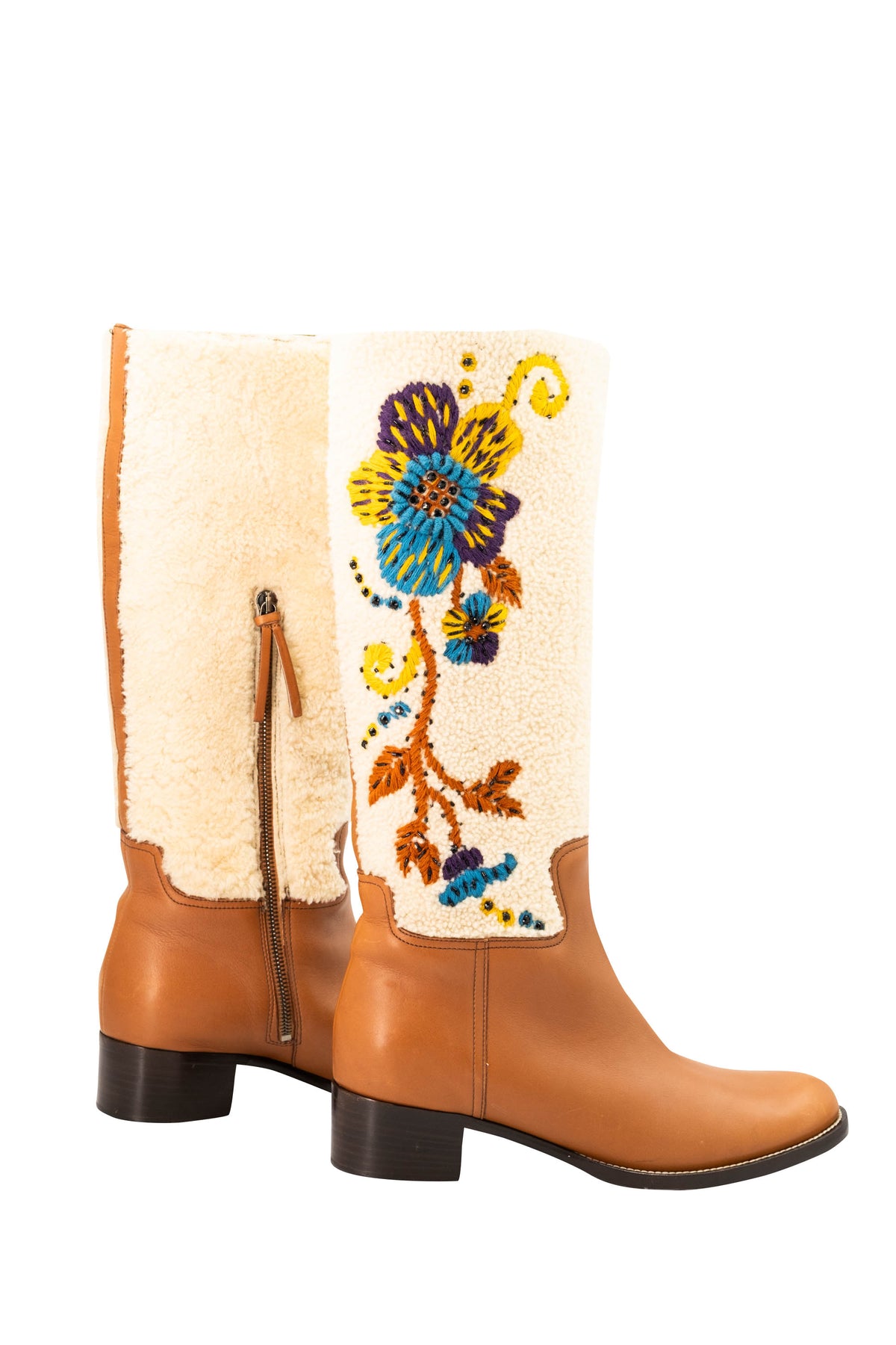 Miu Miu Tan Leather Cream Embroidered Shearling Campus Boots Size 39