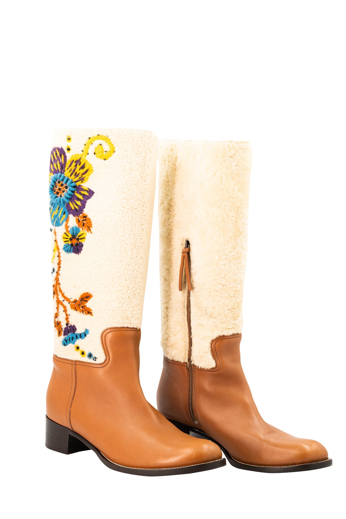 Miu Miu Tan Leather Cream Embroidered Shearling Campus Boots Size 39