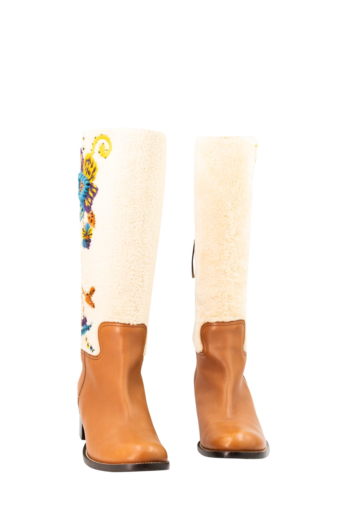 Miu Miu Tan Leather Cream Embroidered Shearling Campus Boots Size 39