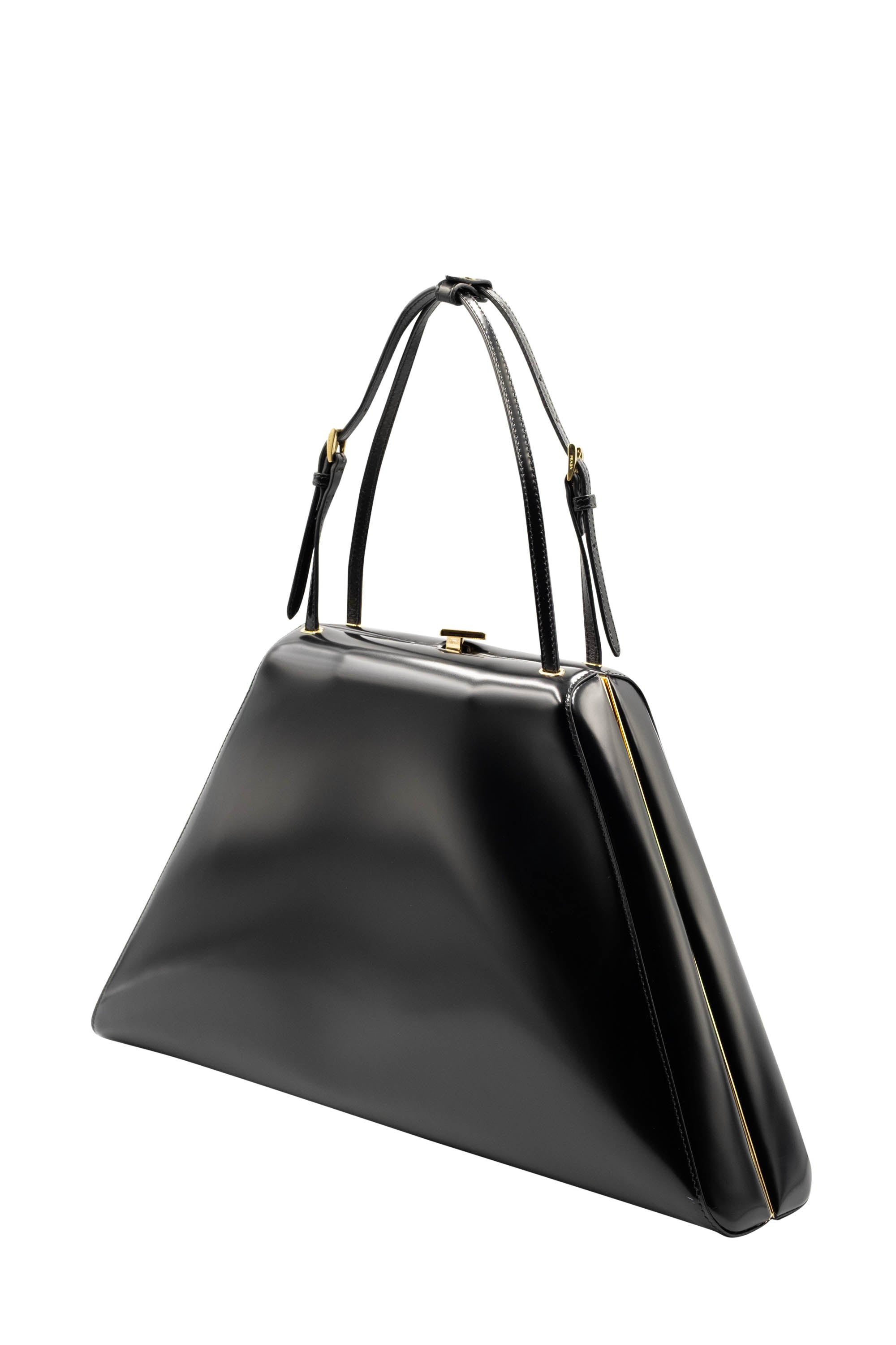 Prada Black Spazzolato Triangle Metal Top Handle Lady Purse With