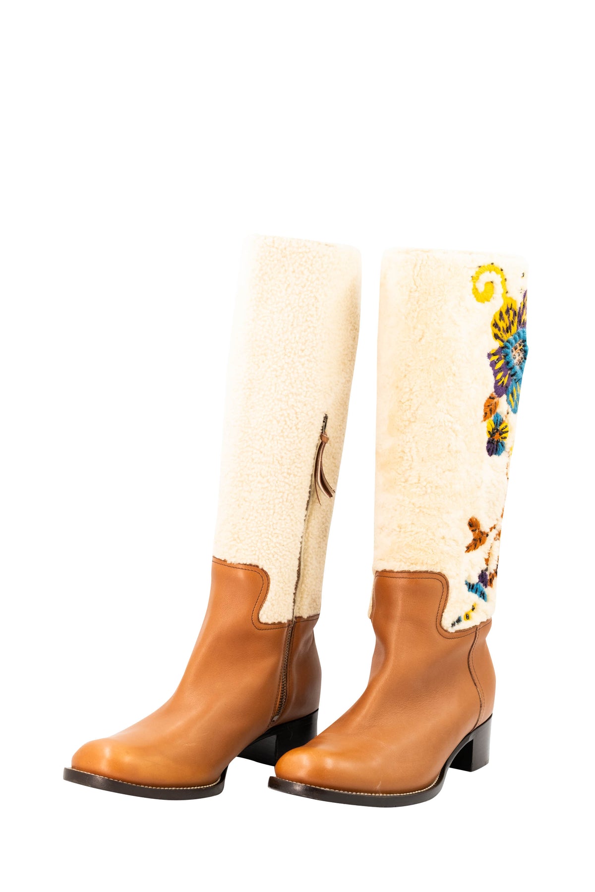 Miu Miu Tan Leather Cream Embroidered Shearling Campus Boots Size 39