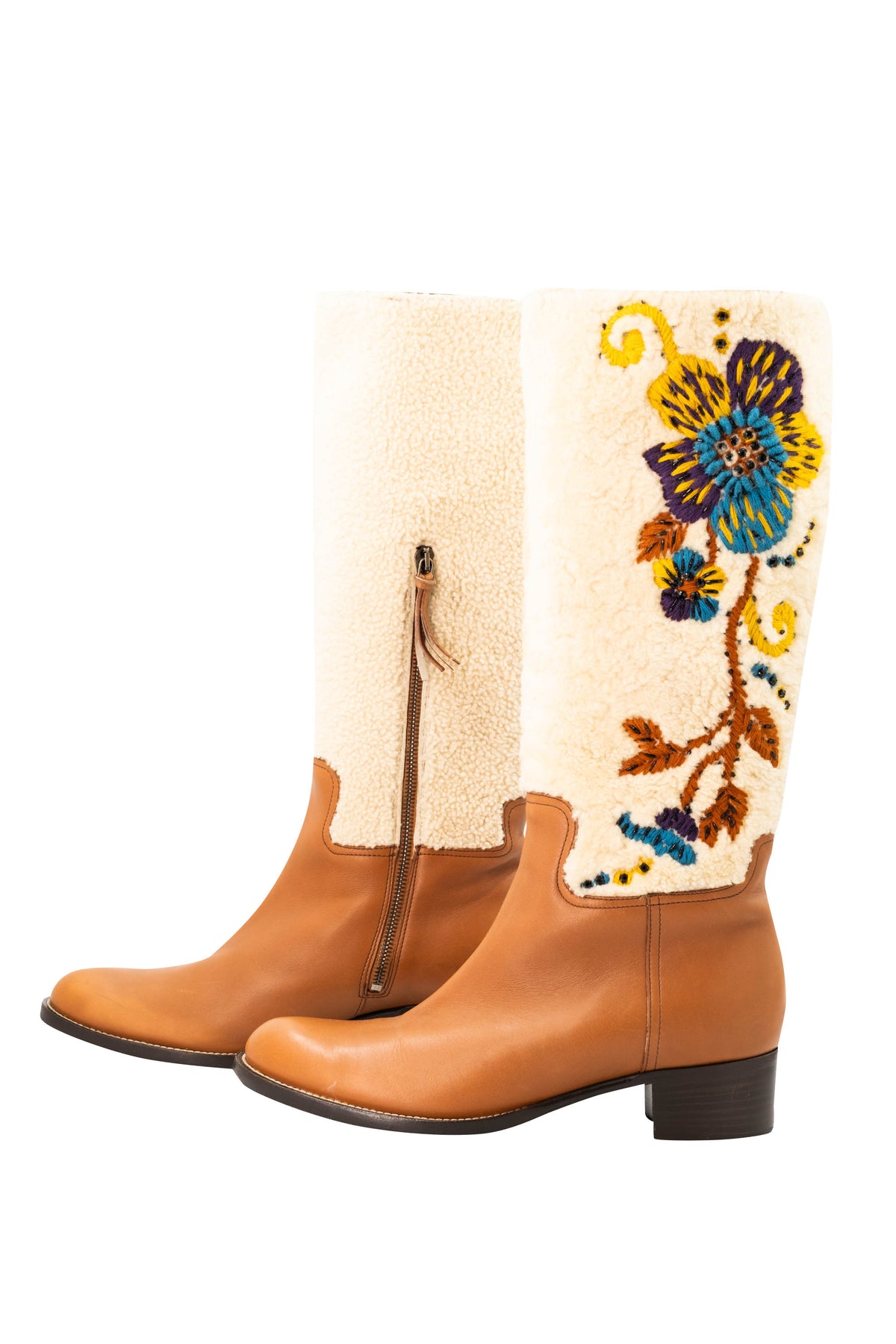 Miu Miu Tan Leather Cream Embroidered Shearling Campus Boots Size 39