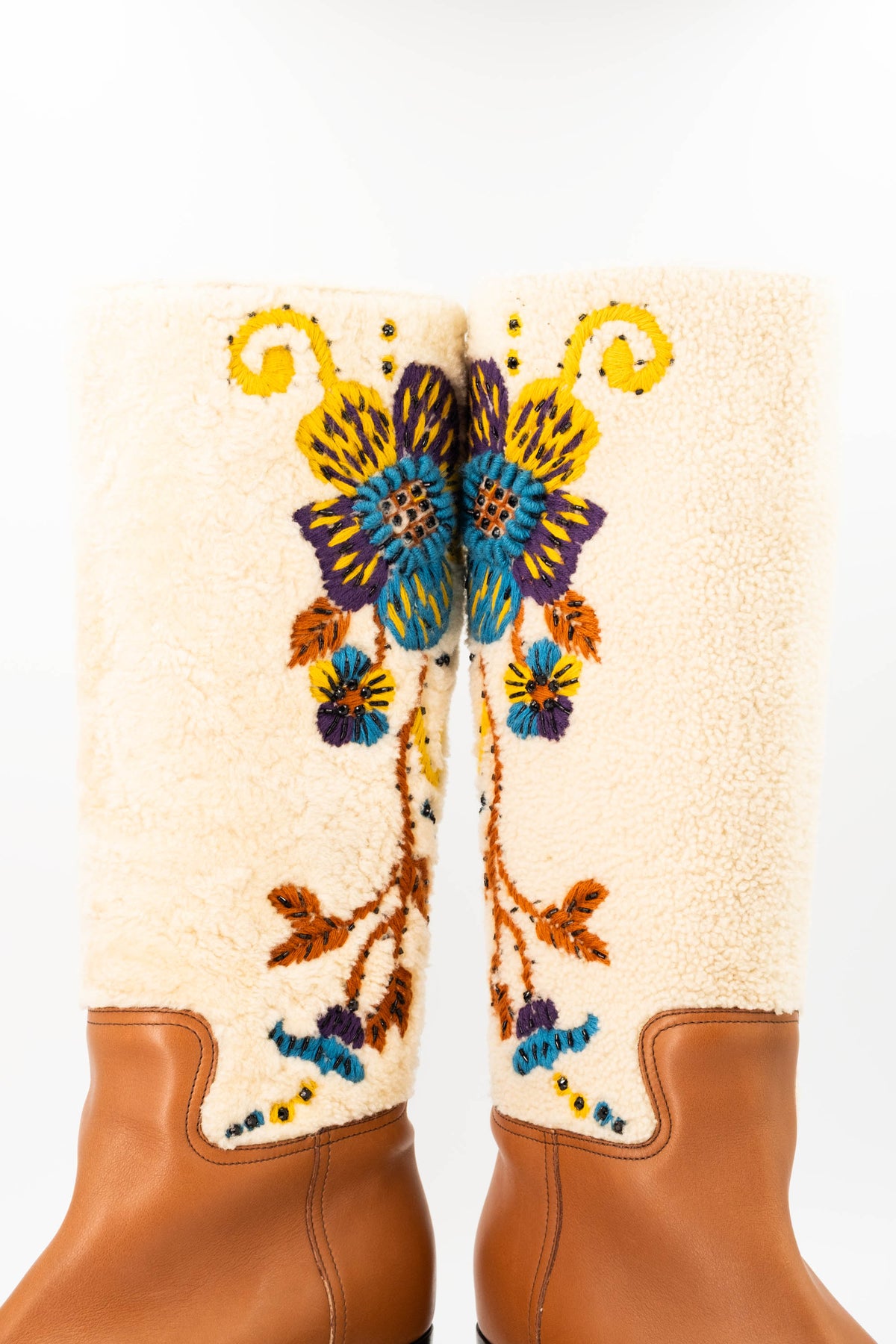 Miu Miu Tan Leather Cream Embroidered Shearling Campus Boots Size 39