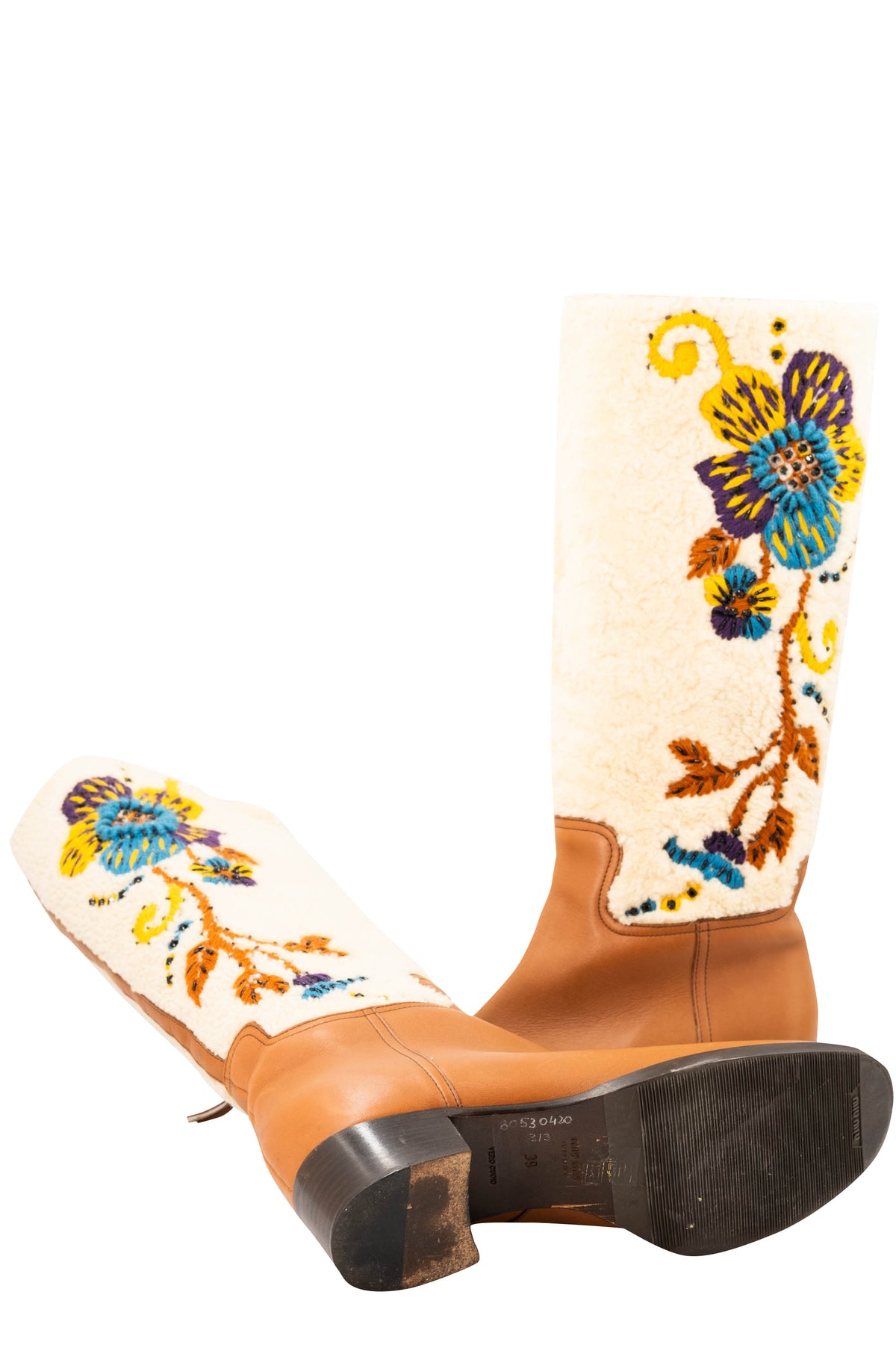 Miu Miu Tan Leather Cream Embroidered Shearling Campus Boots Size 39