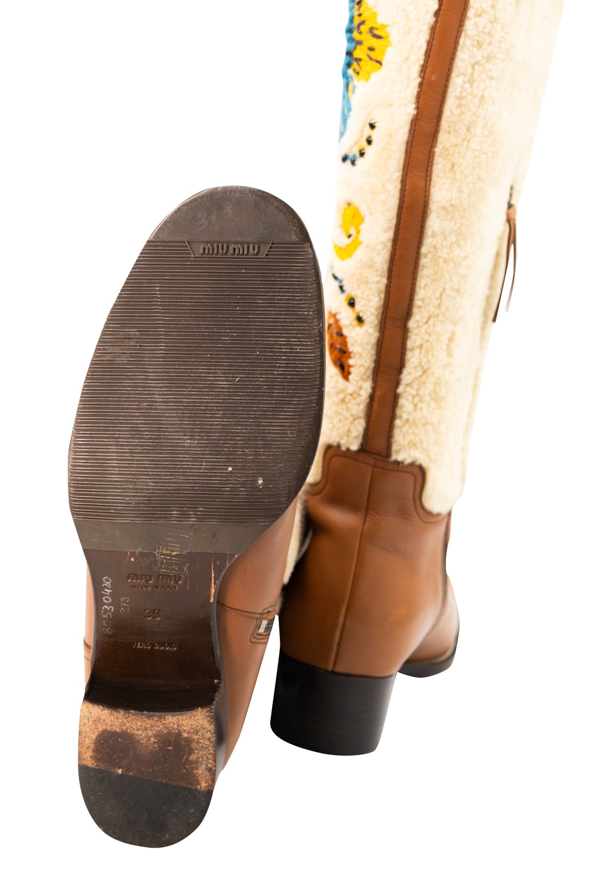 Miu Miu Tan Leather Cream Embroidered Shearling Campus Boots Size 39