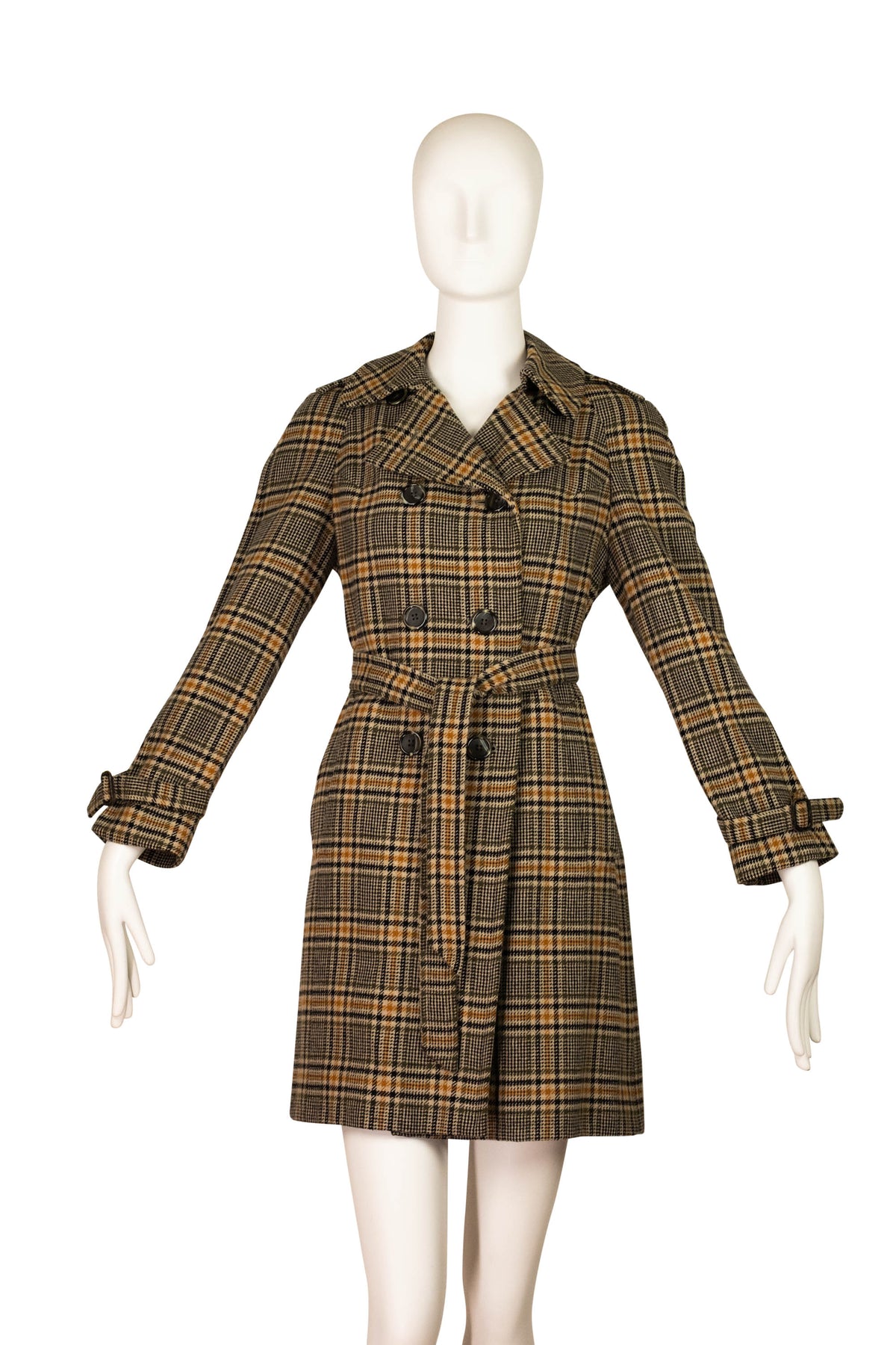 Burberry Orange and Grey Plaid Wool Trench Coat Size 6