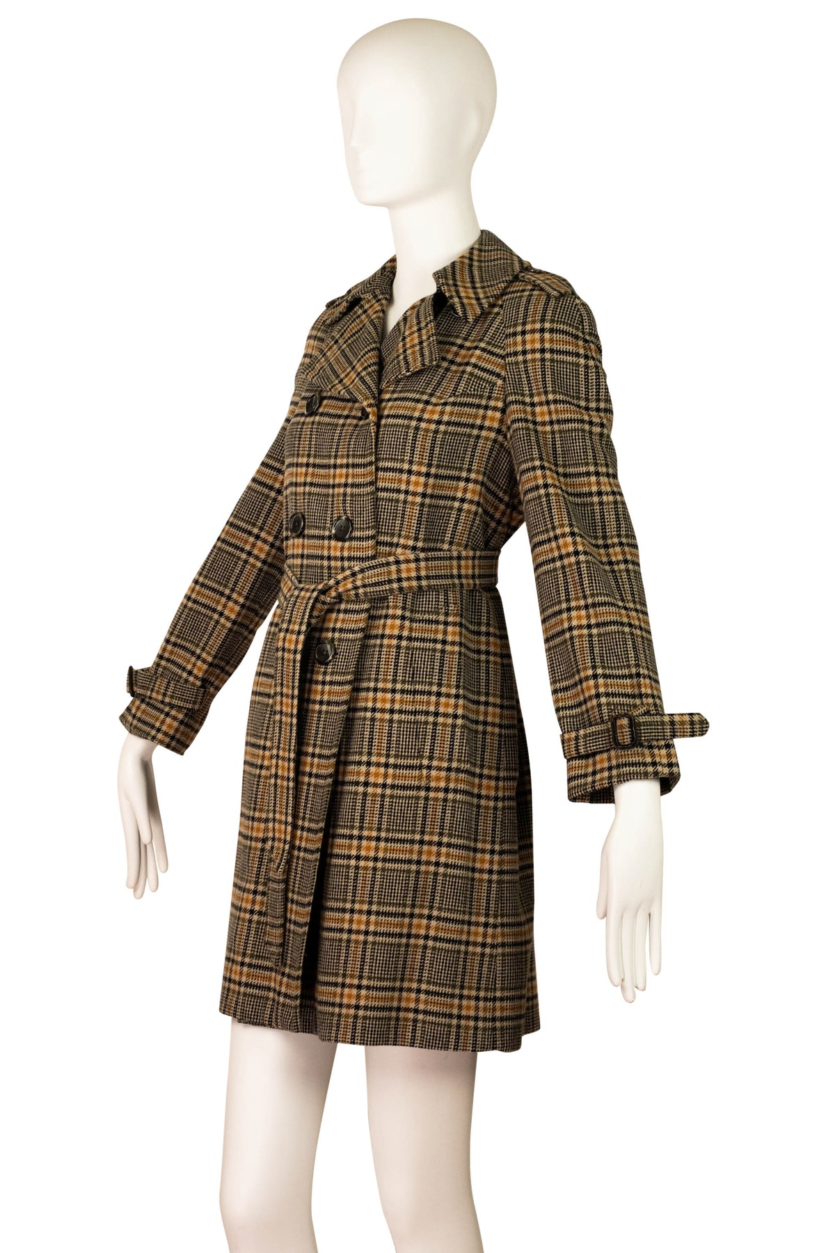 Burberry Orange and Grey Plaid Wool Trench Coat Size 6