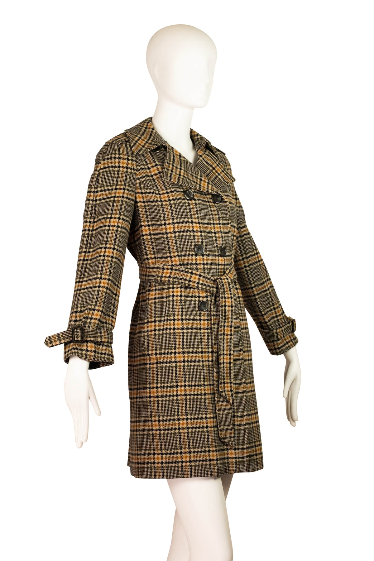 Burberry Orange and Grey Plaid Wool Trench Coat Size 6