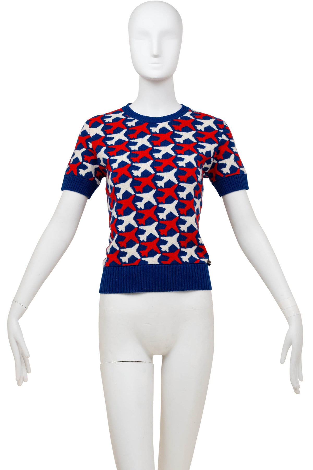 Chanel Cashmere Sweater Navy with White and Red Airplane Pattern Size Small