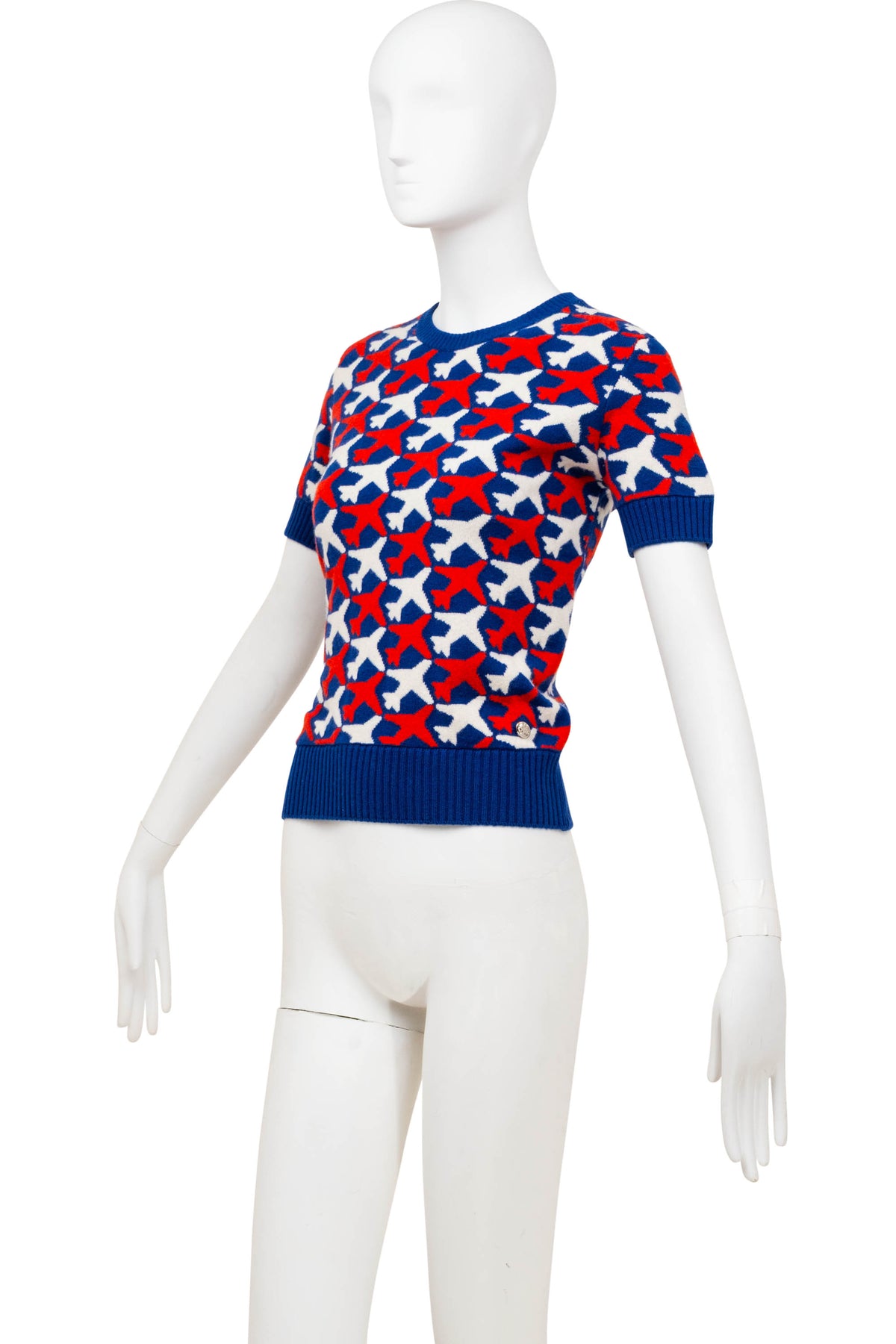 Chanel Cashmere Sweater Navy with White and Red Airplane Pattern Size Small