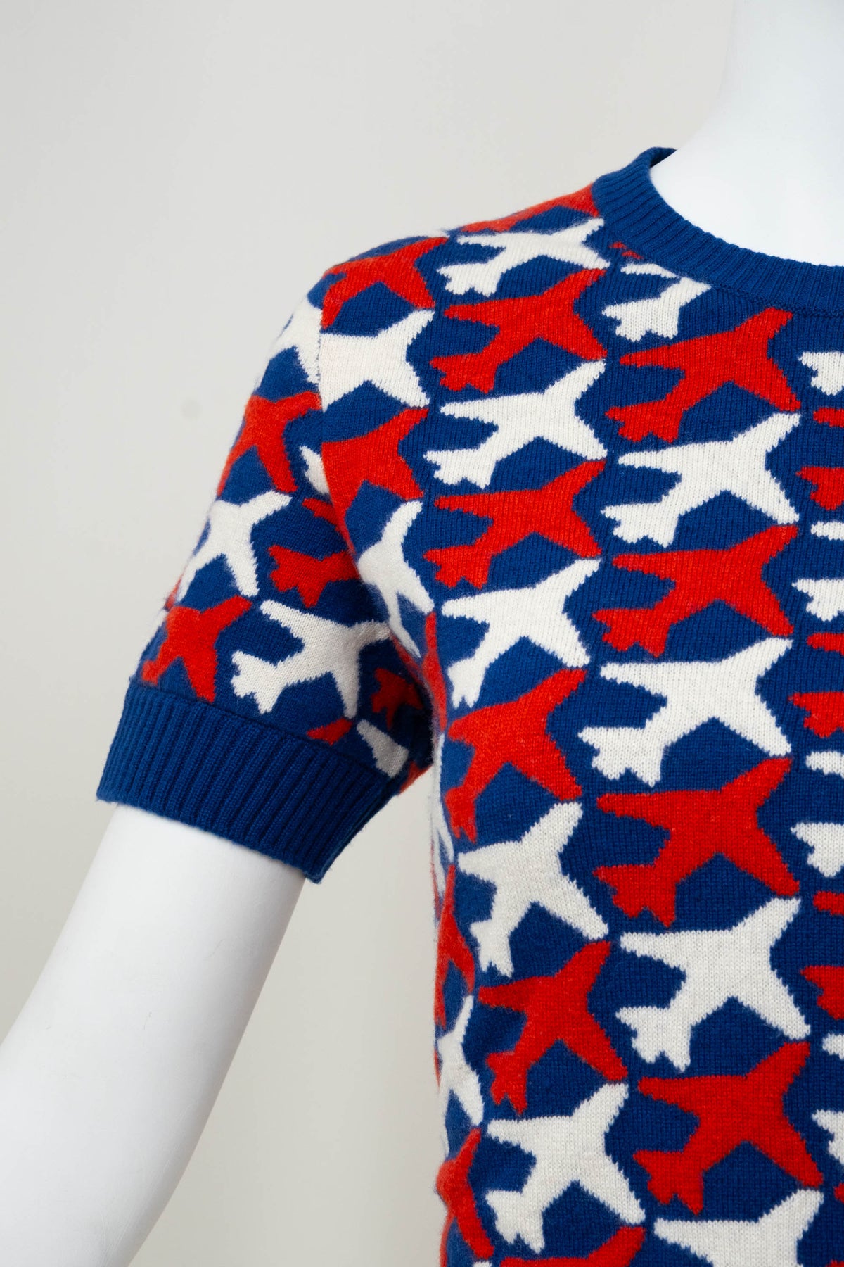 Chanel Cashmere Sweater Navy with White and Red Airplane Pattern Size Small