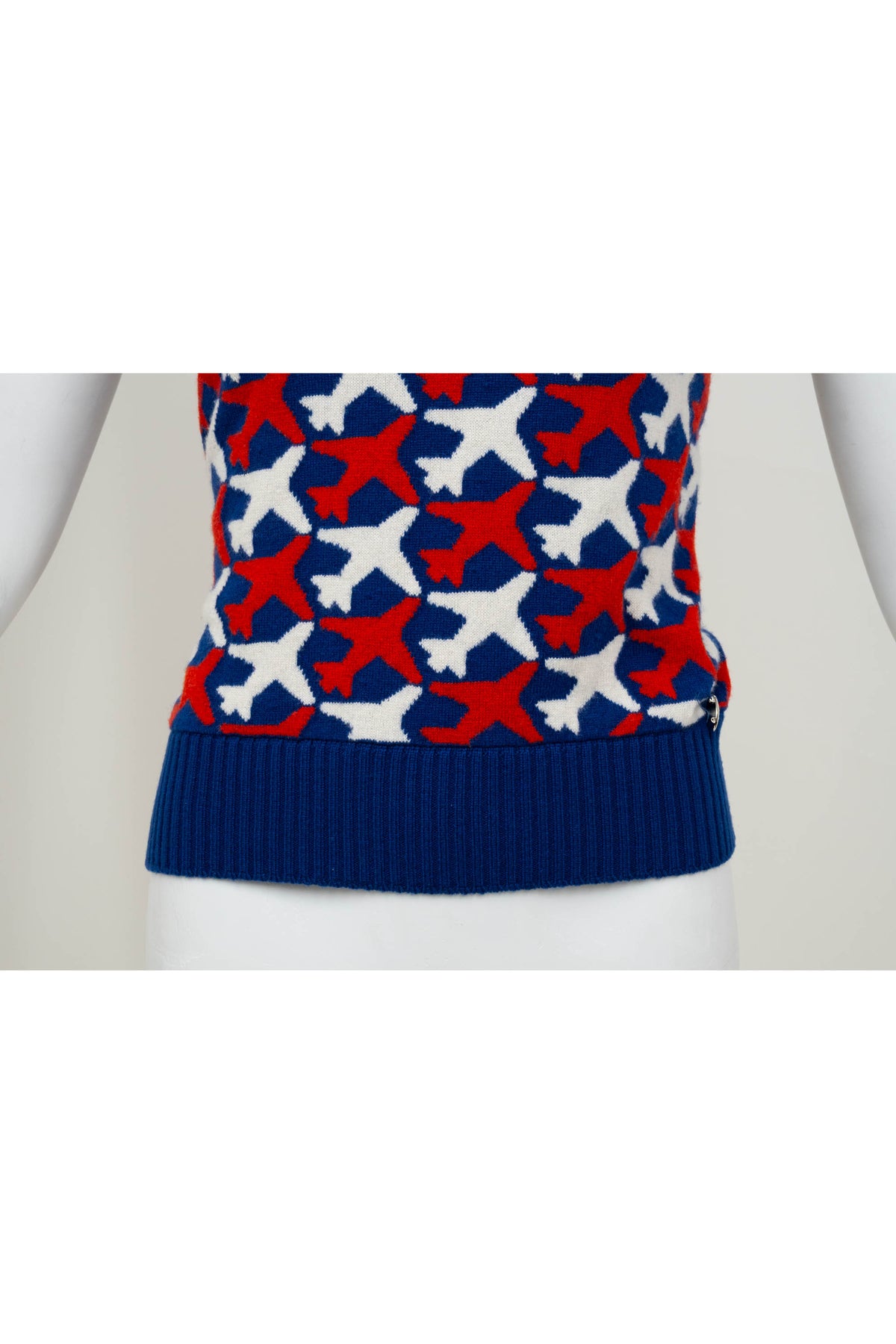 Chanel Cashmere Sweater Navy with White and Red Airplane Pattern Size Small