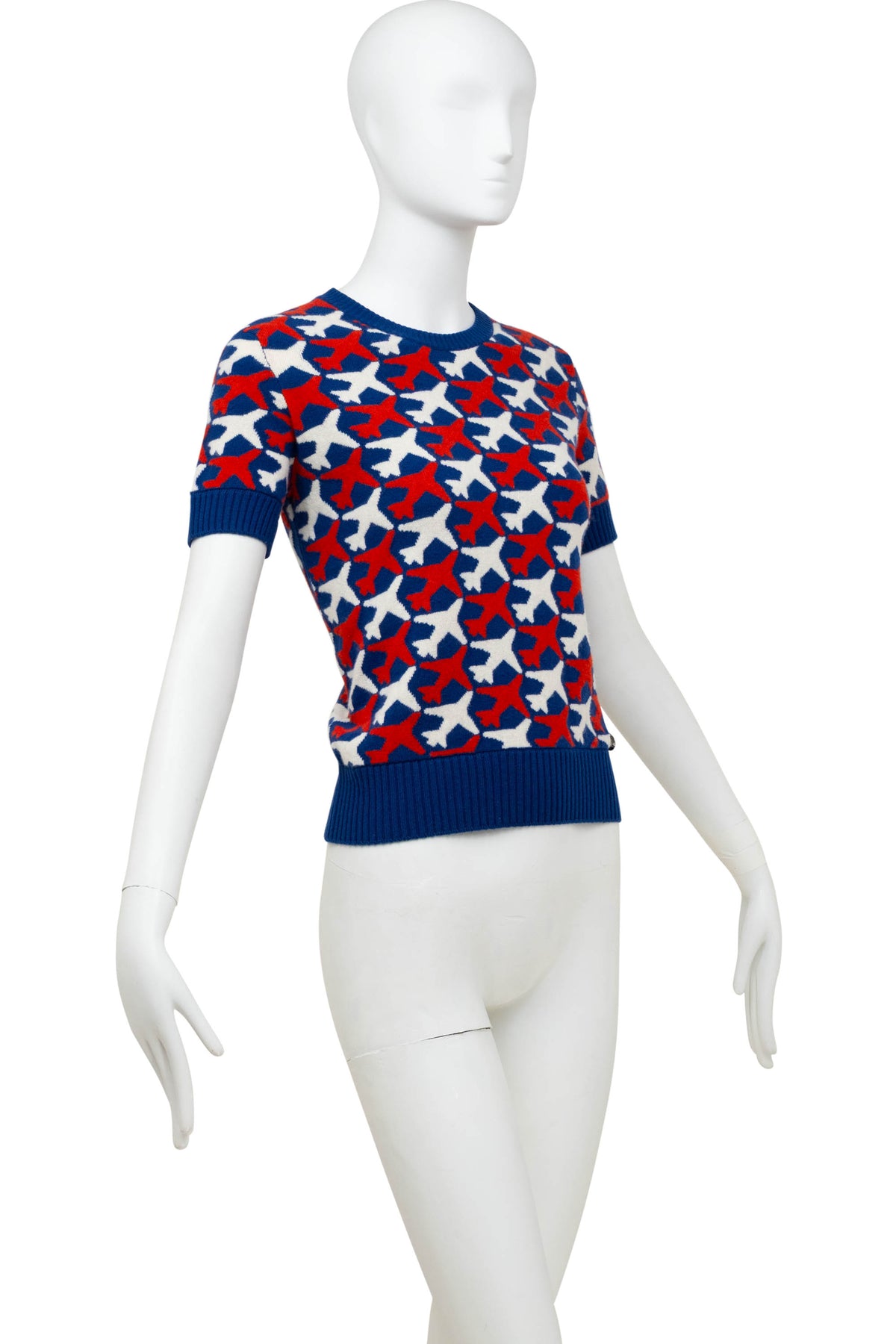 Chanel Cashmere Sweater Navy with White and Red Airplane Pattern Size Small