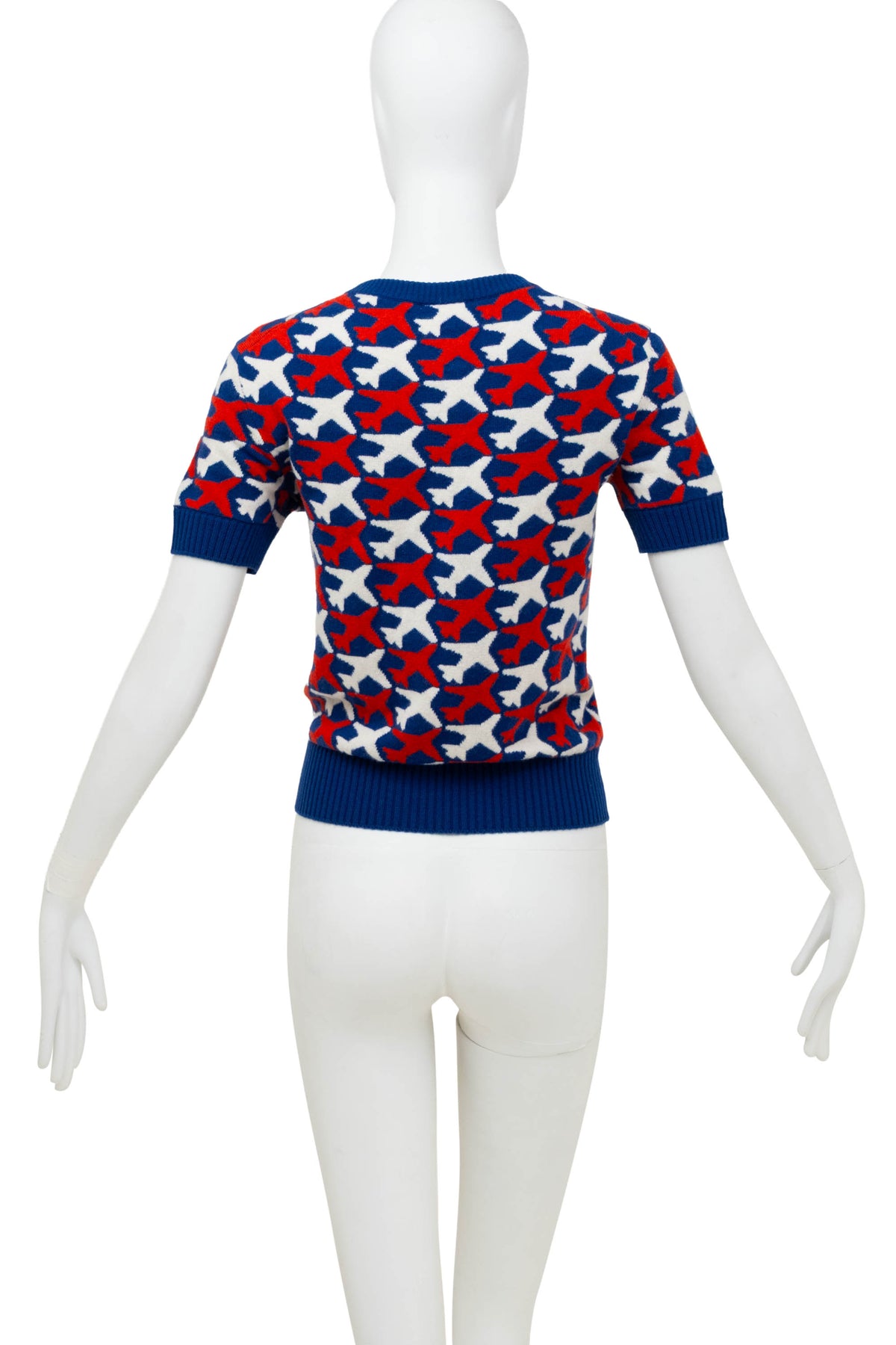 Chanel Cashmere Sweater Navy with White and Red Airplane Pattern Size Small