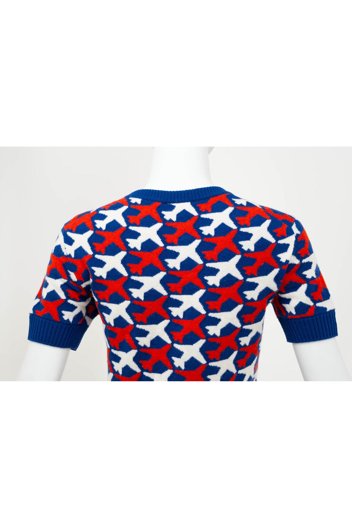 Chanel Cashmere Sweater Navy with White and Red Airplane Pattern Size Small