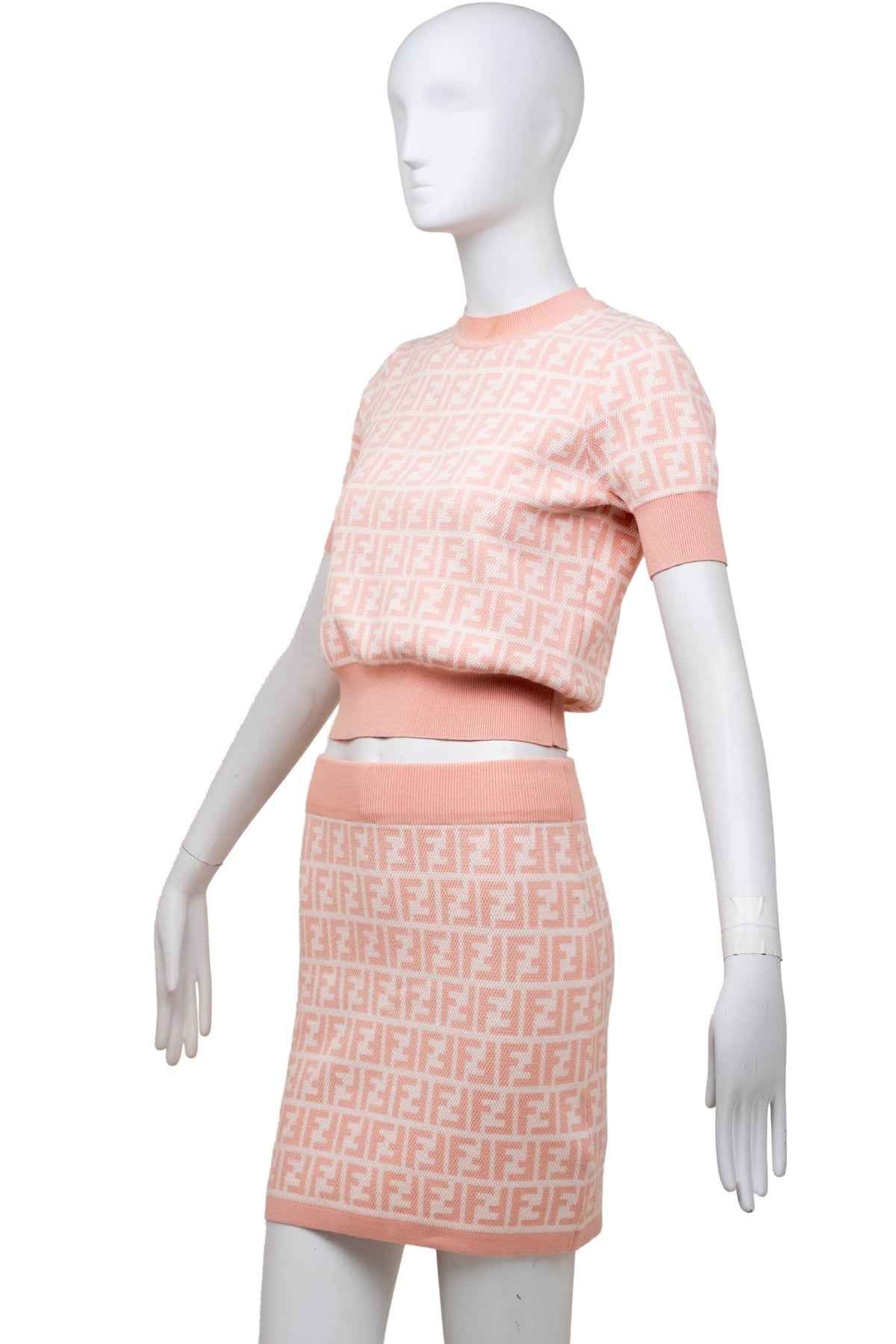 Fendi Pale Pink Zucca Print Short Sleeve Knit Top and Skirt Set