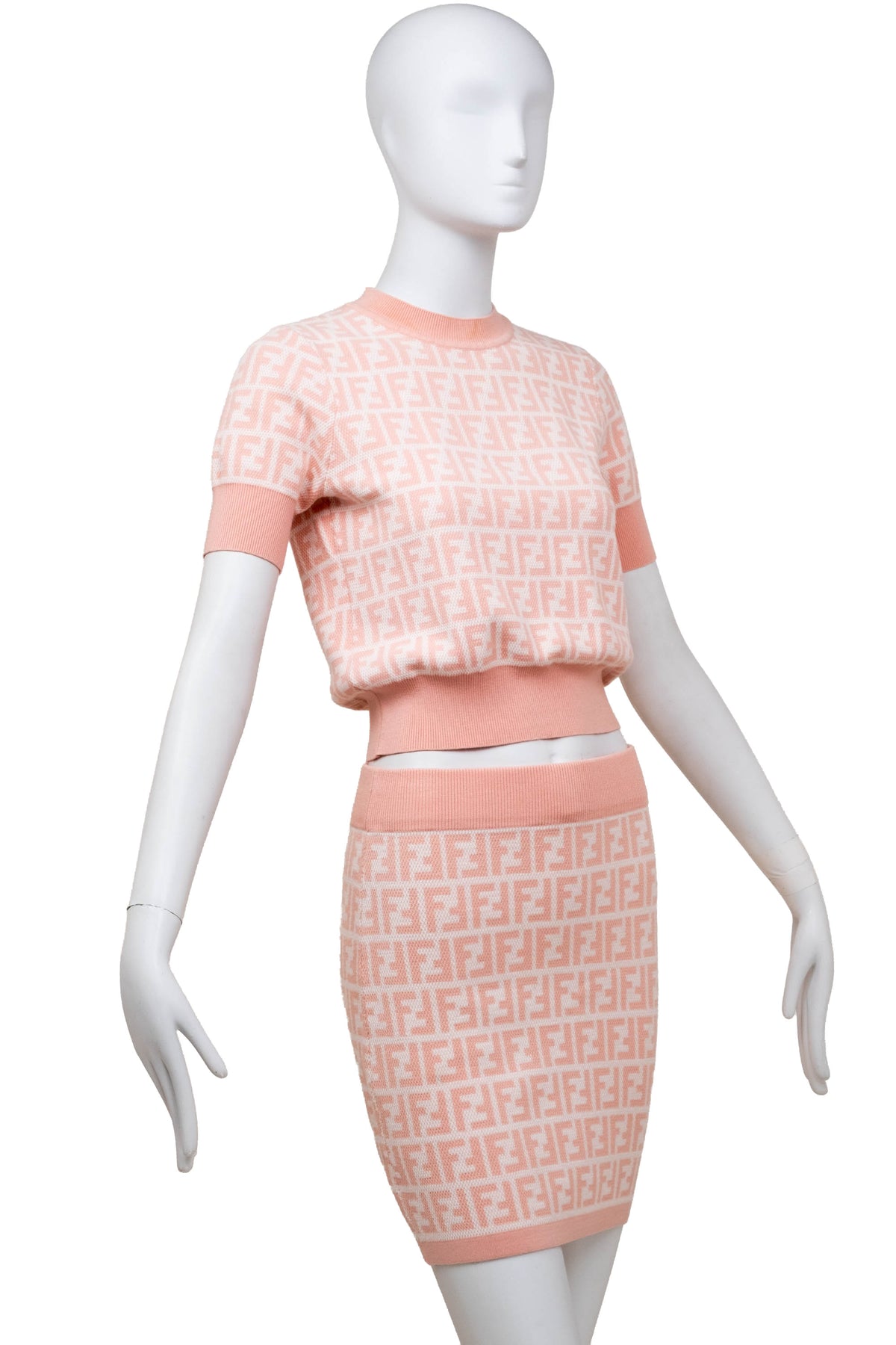 Fendi Pale Pink Zucca Print Short Sleeve Knit Top and Skirt Set