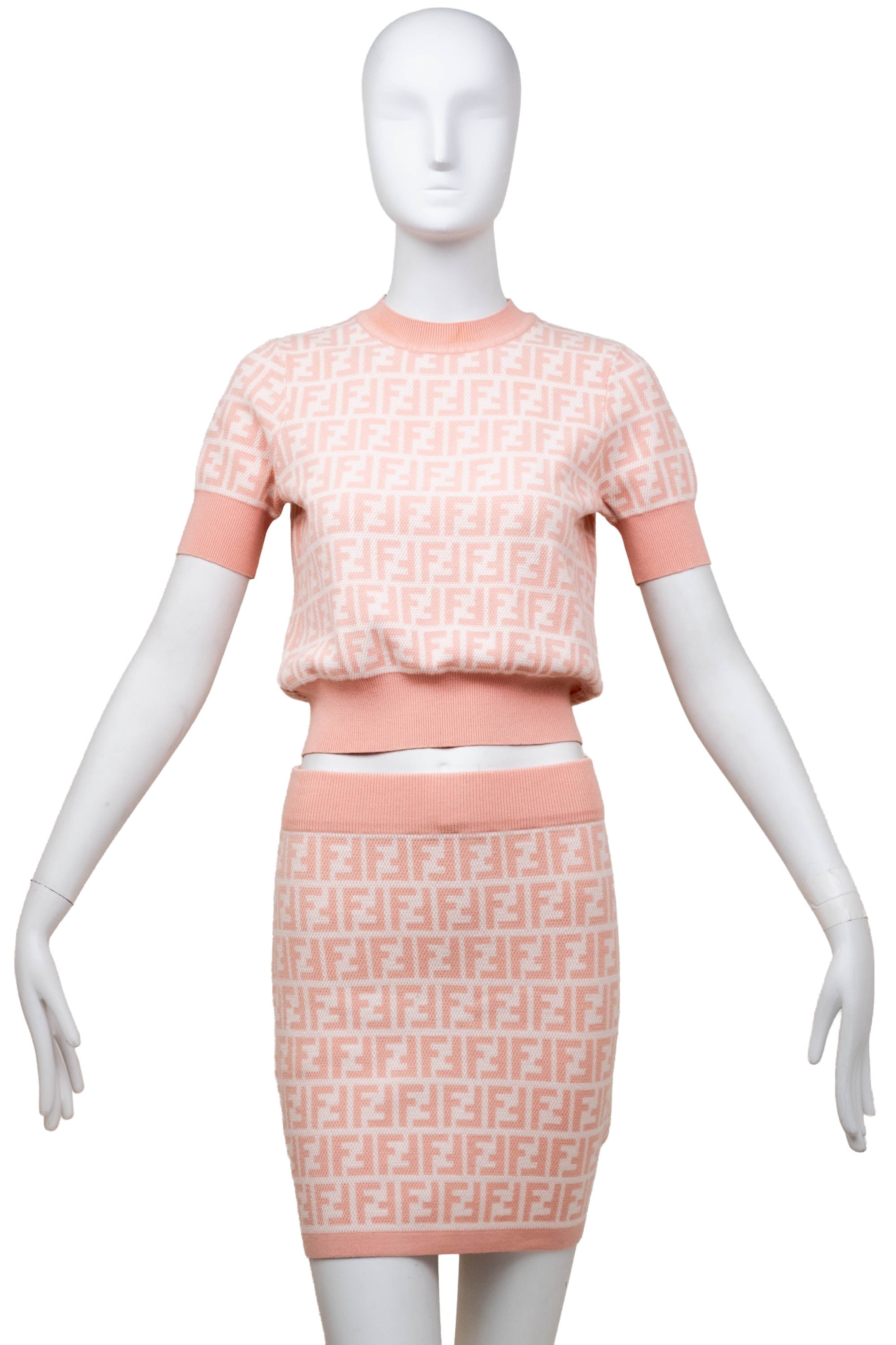 Fendi Pale Pink Zucca Print Short Sleeve Knit Top and Skirt Set