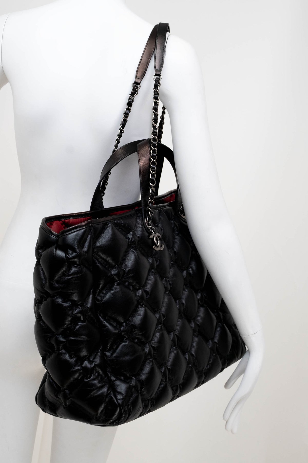 Chanel Black Puff Quilt Red Lining Tote With Pouch XL