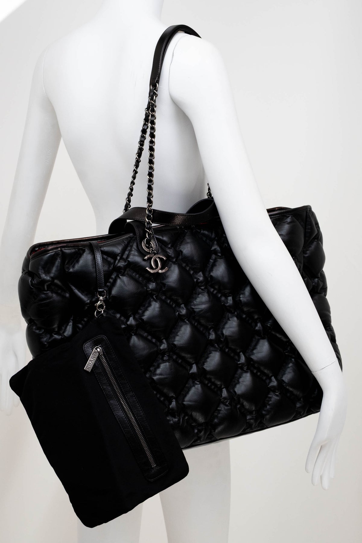 Chanel Black Puff Quilt Red Lining Tote With Pouch XL