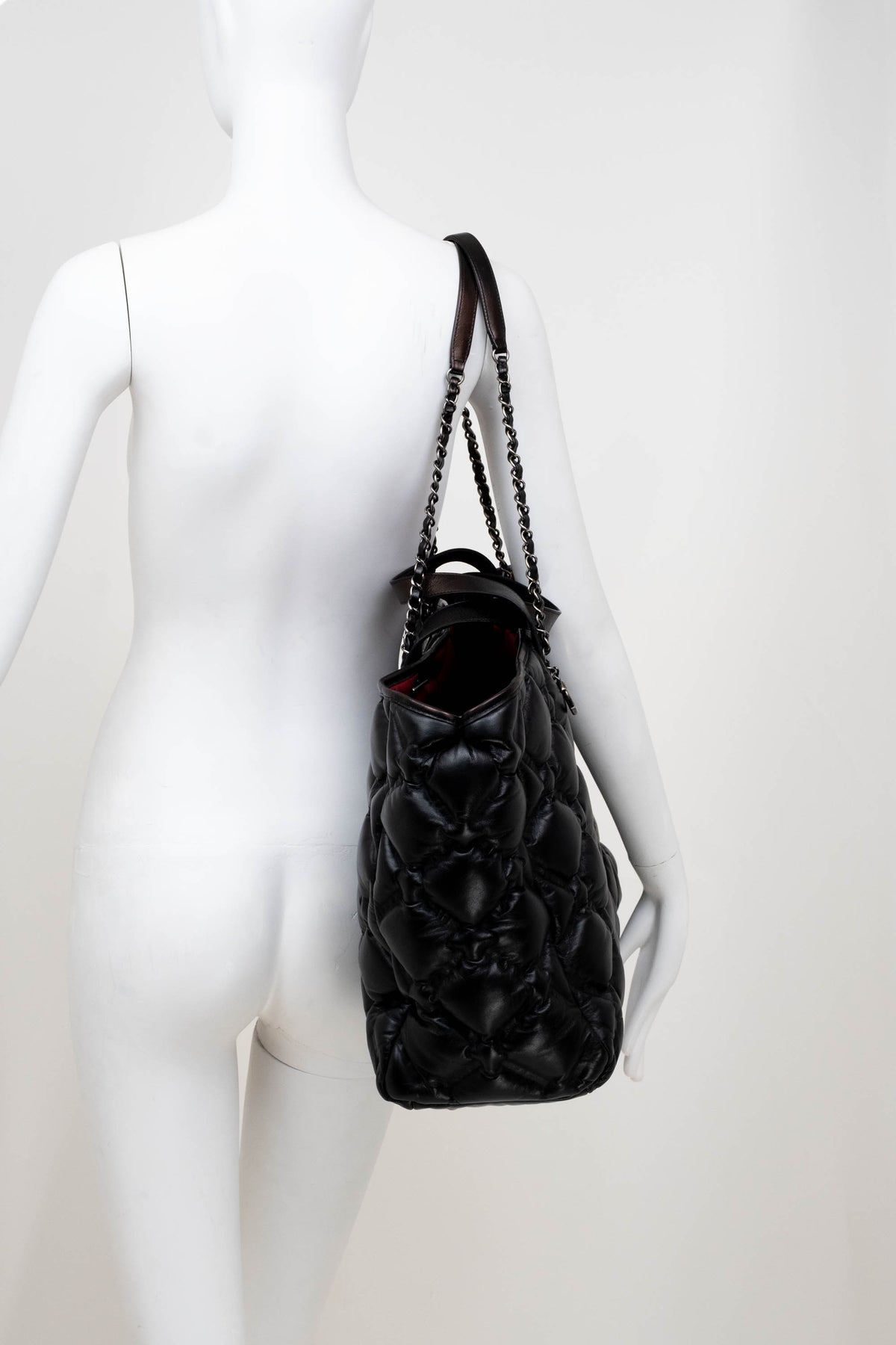 Chanel Black Puff Quilt Red Lining Tote With Pouch XL