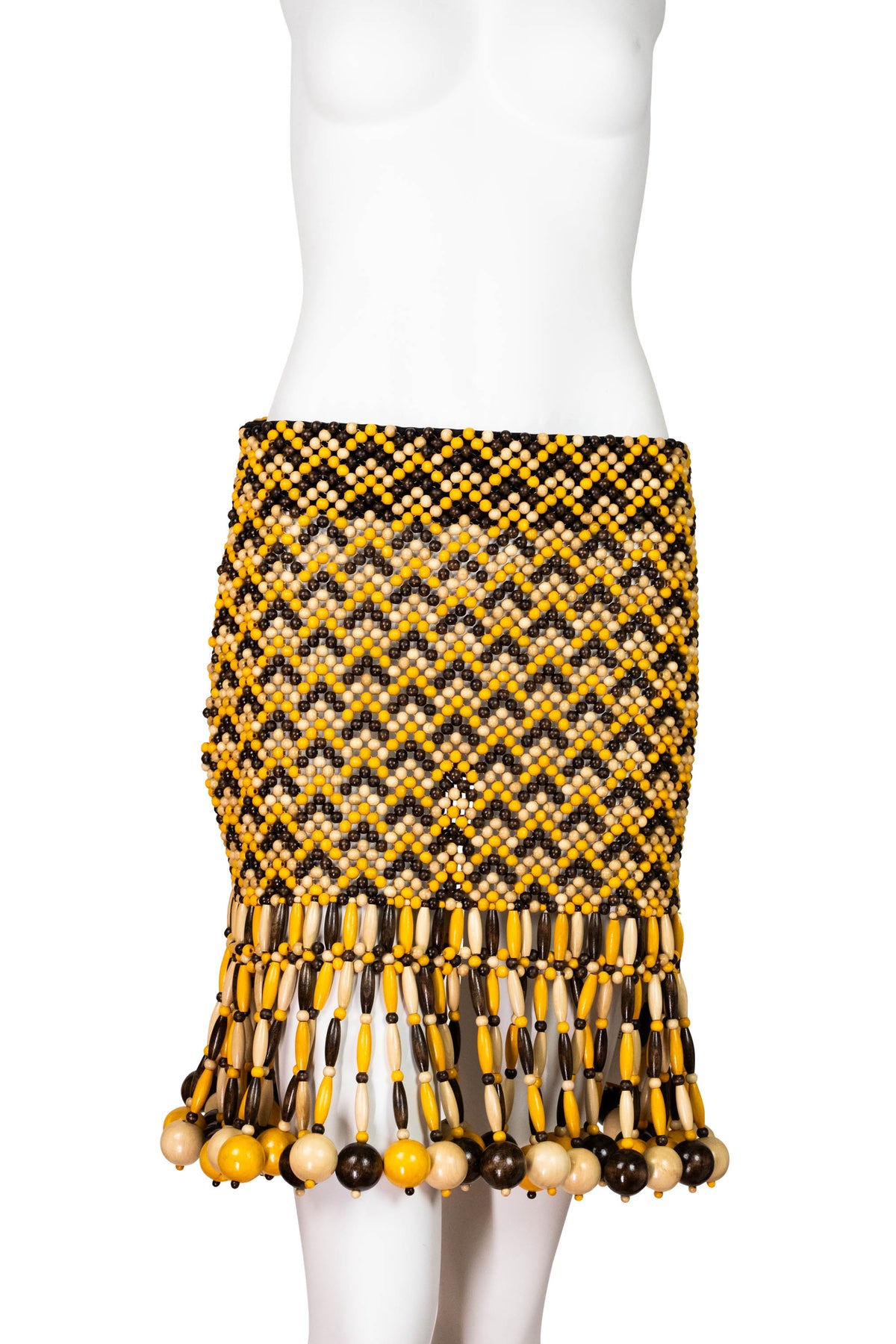 Bottega Veneta Brown and Yellow Wooden Bead Runway Skirt Size Small