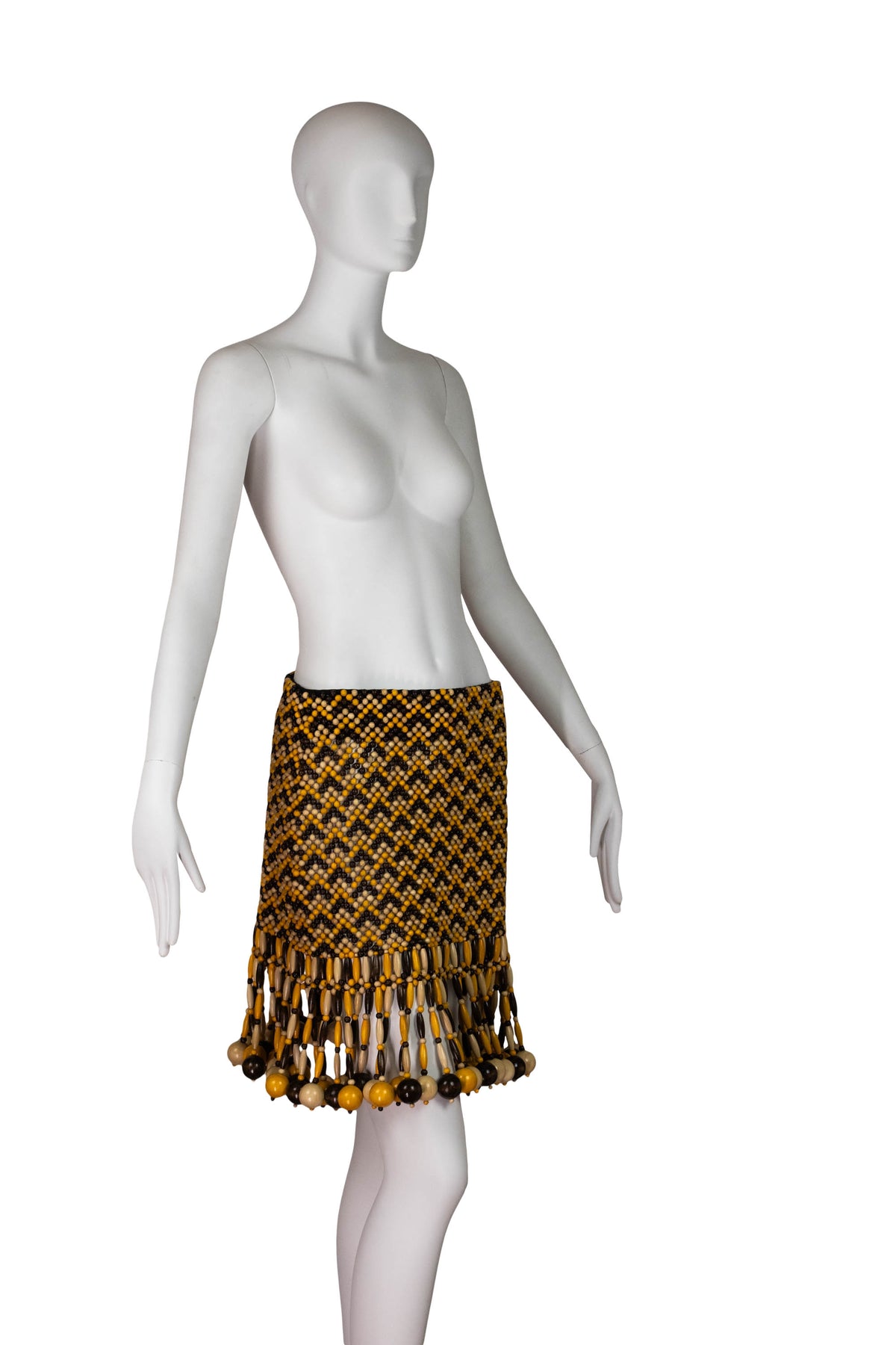 Bottega Veneta Brown and Yellow Wooden Bead Runway Skirt Size Small