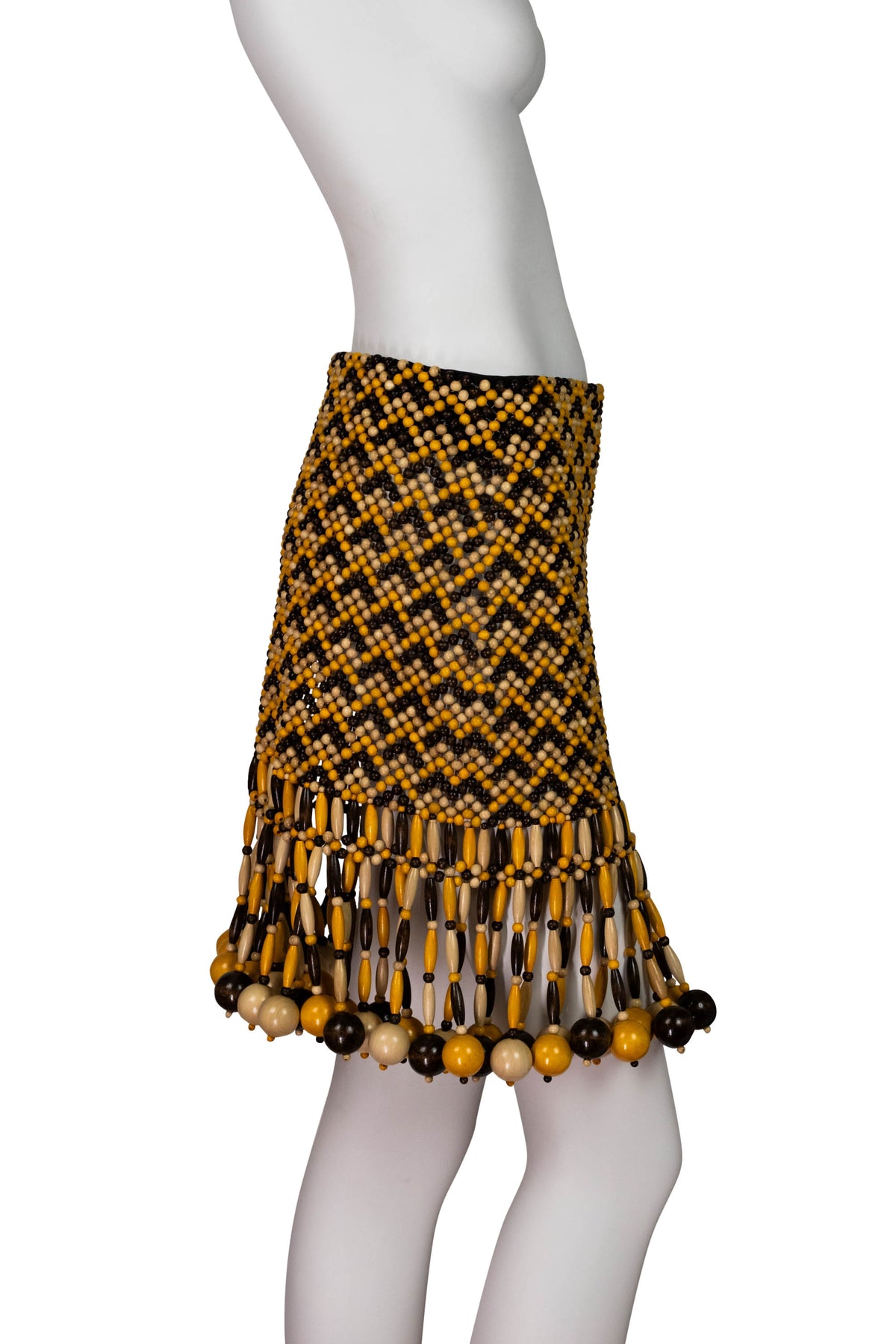 Bottega Veneta Brown and Yellow Wooden Bead Runway Skirt Size Small