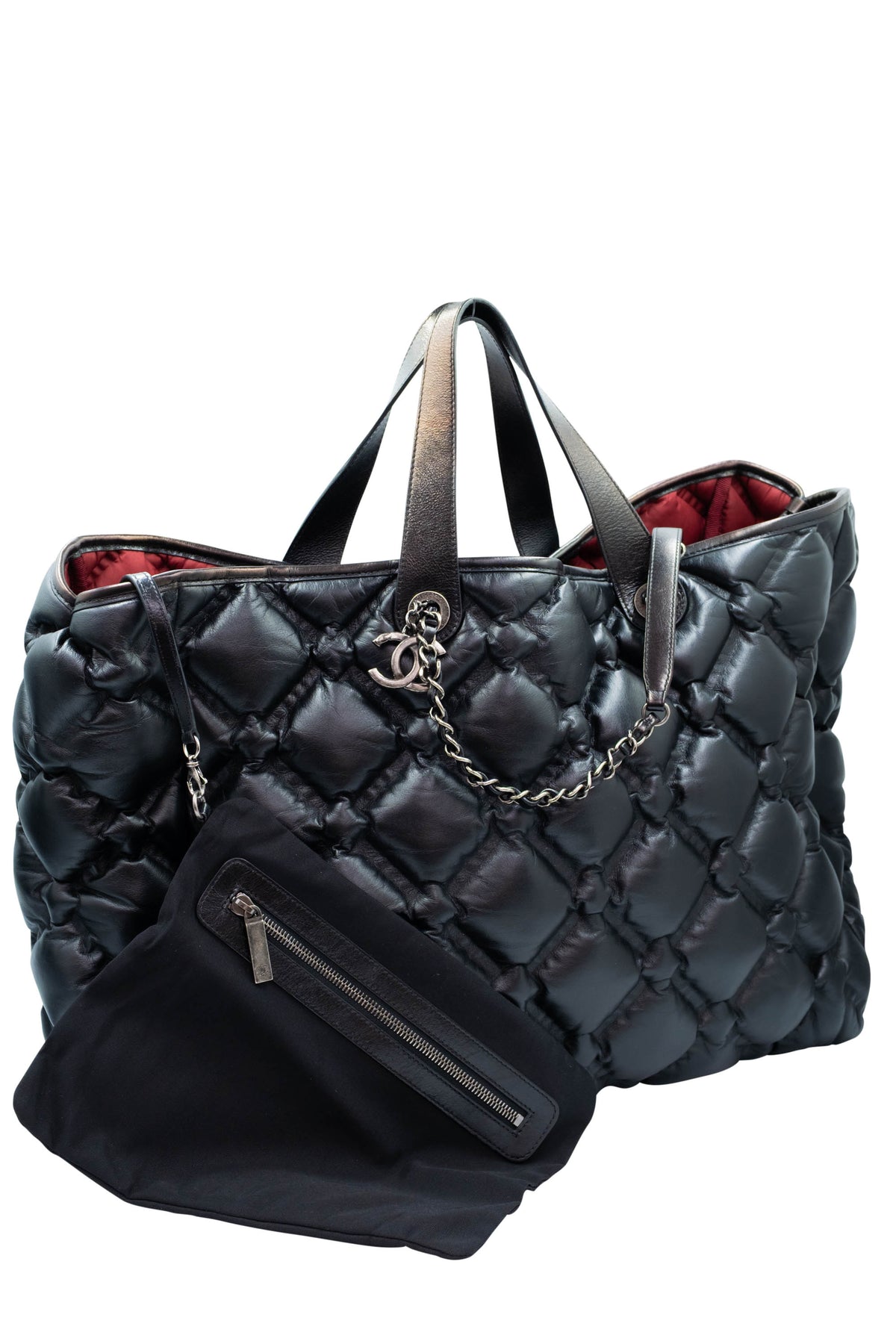 Chanel Black Puff Quilt Red Lining Tote With Pouch XL