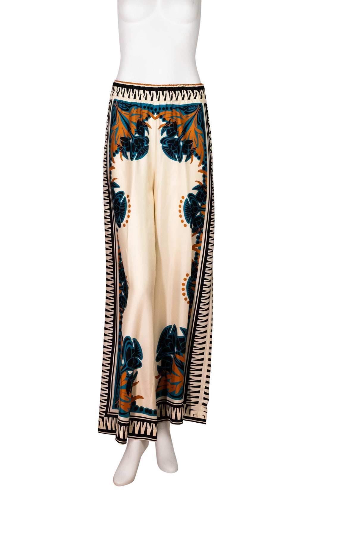 La Double J Ivory and Teal Printed Silk Palazzo Pants Size Small