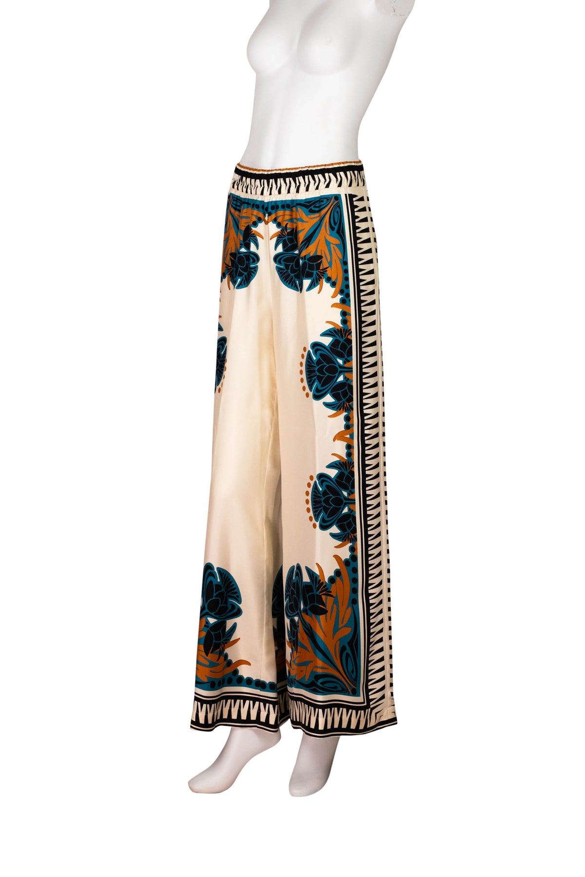 La Double J Ivory and Teal Printed Silk Palazzo Pants Size Small