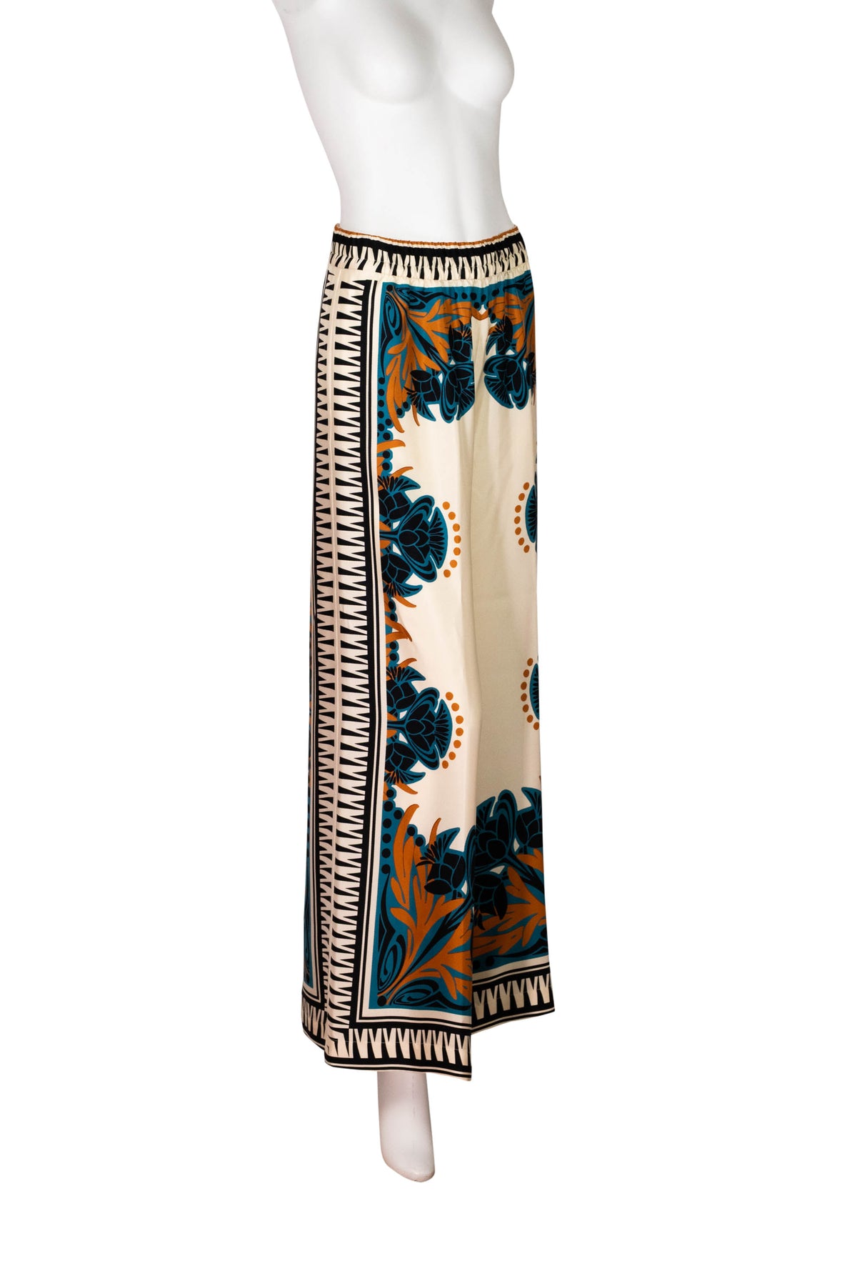 La Double J Ivory and Teal Printed Silk Palazzo Pants Size Small