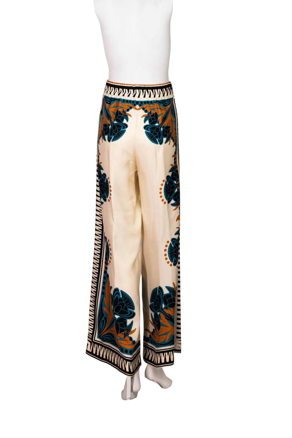 La Double J Ivory and Teal Printed Silk Palazzo Pants Size Small