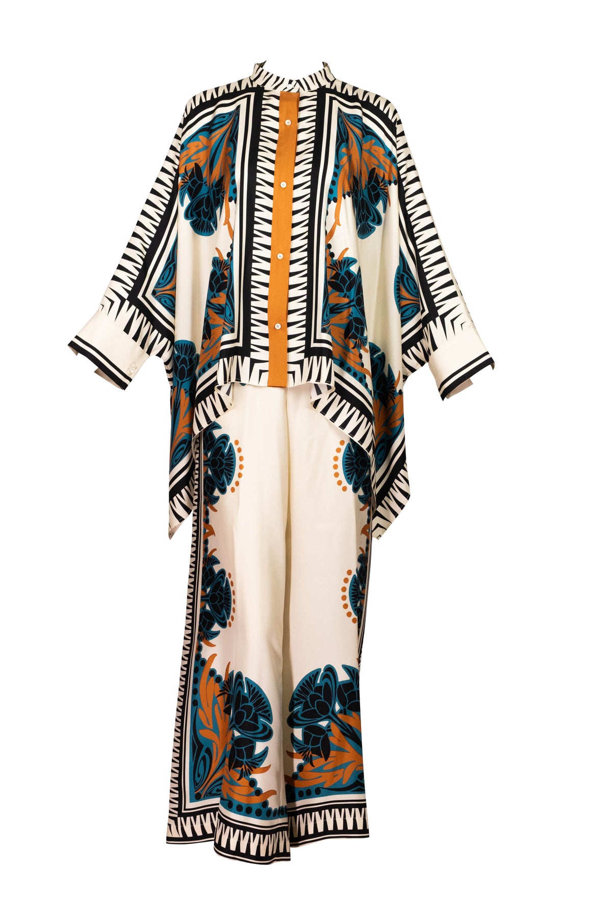 La Double J Ivory and Teal Printed Silk Caftan Shirt Size XS