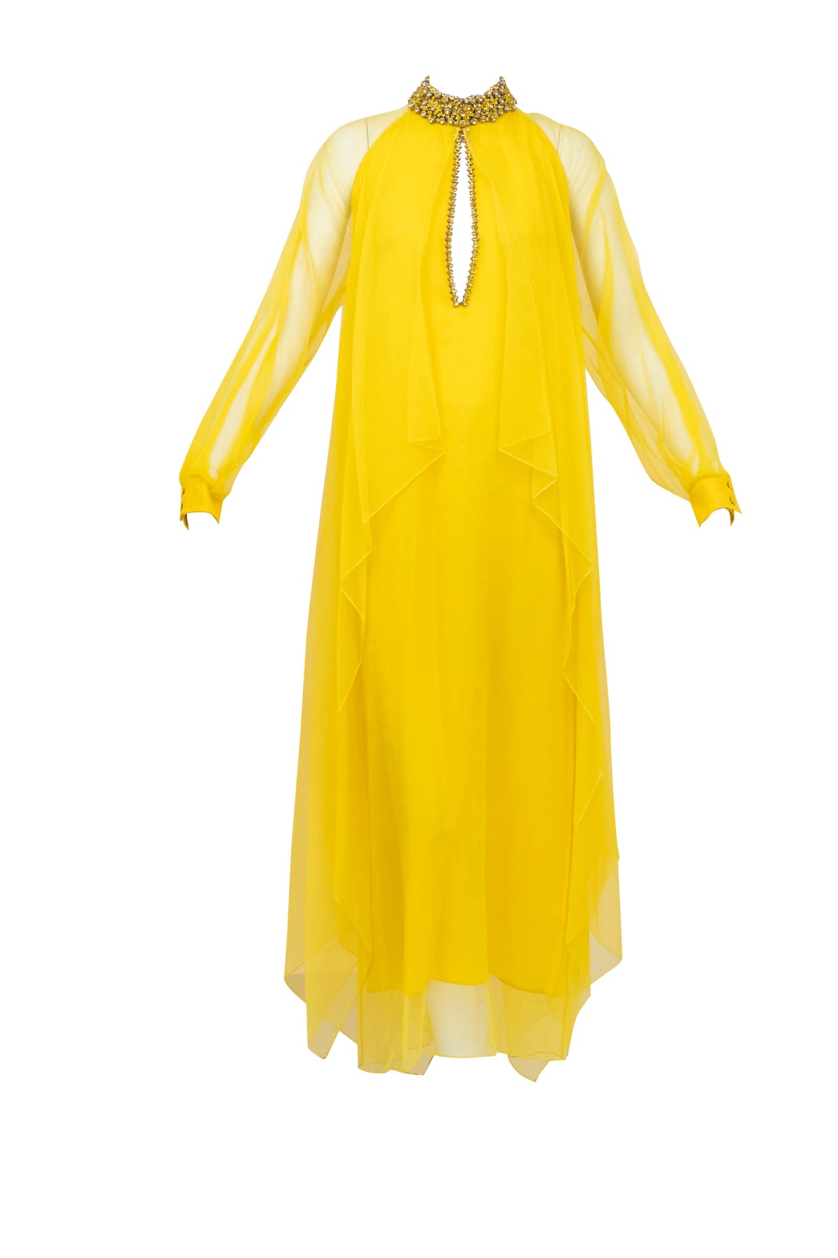 Gucci Yellow Jeweled Collar Silk Chiffon Layered Gown