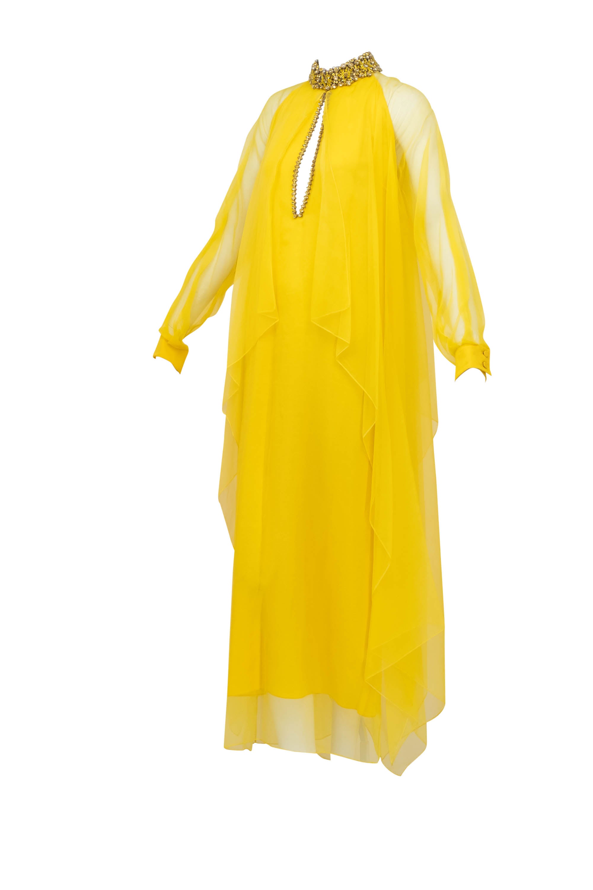 layered yellow dress Gucci Jeweled Collar Silk Chiffon Layered Gown