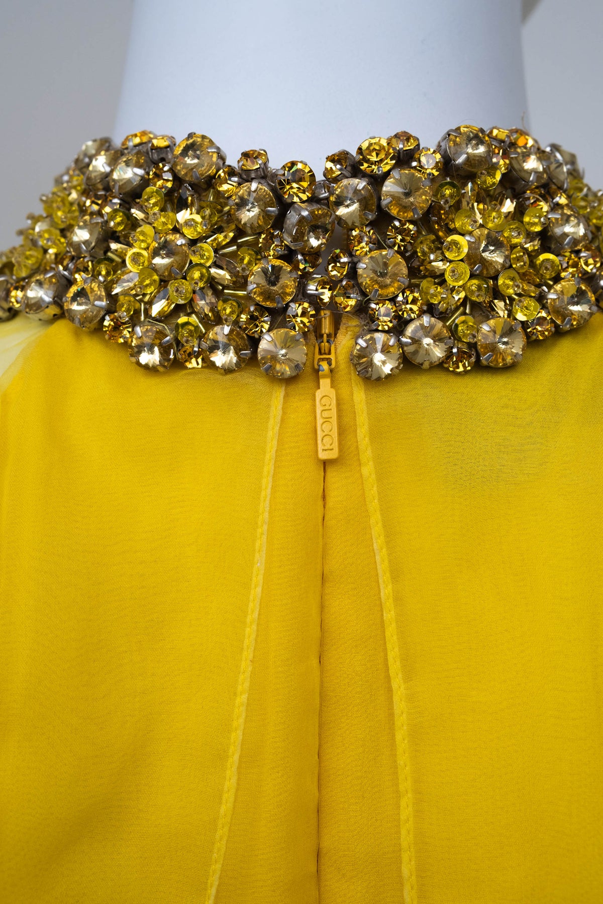 Gucci Yellow Jeweled Collar Silk Chiffon Layered Gown
