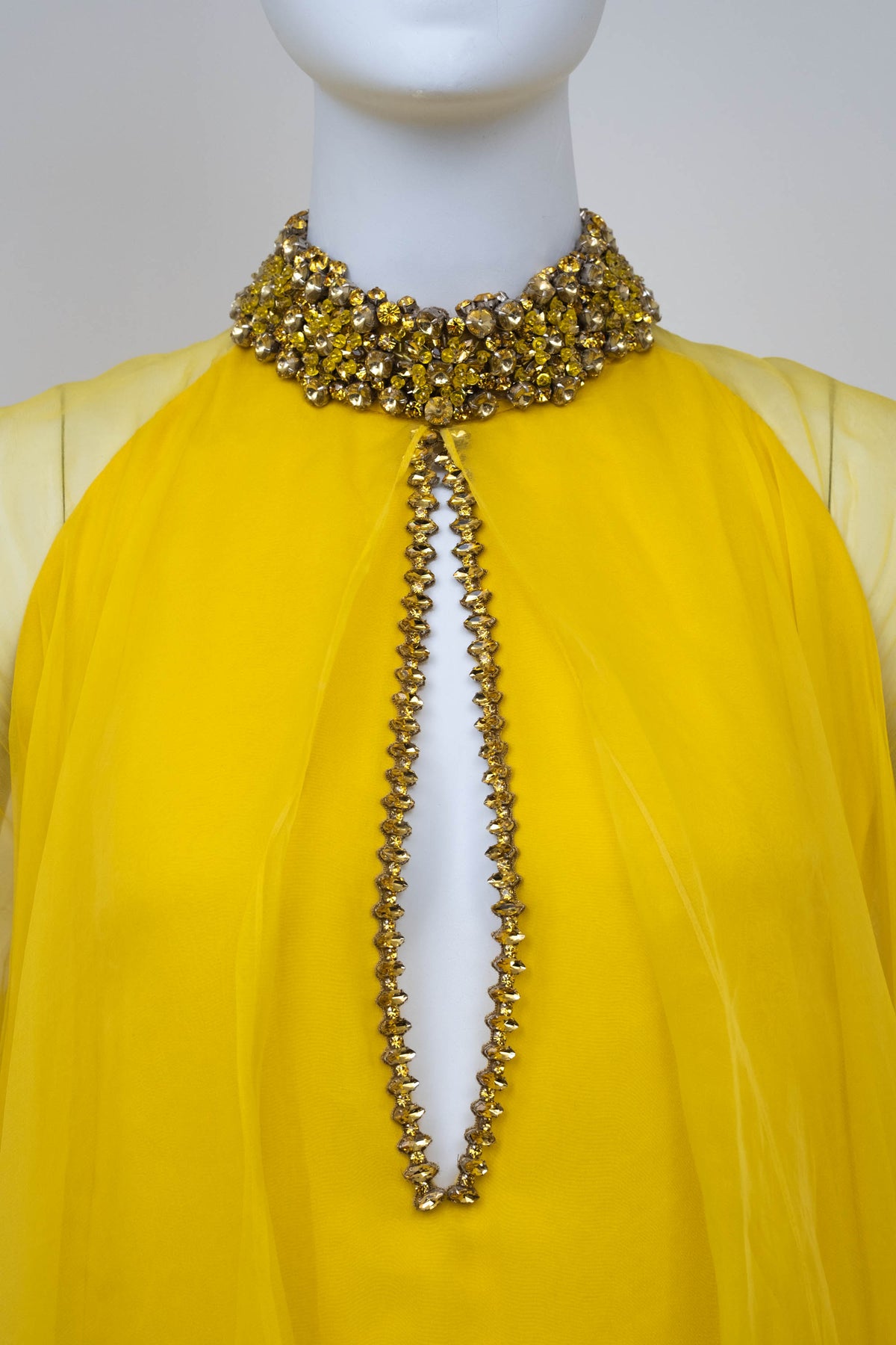 Gucci Yellow Jeweled Collar Silk Chiffon Layered Gown