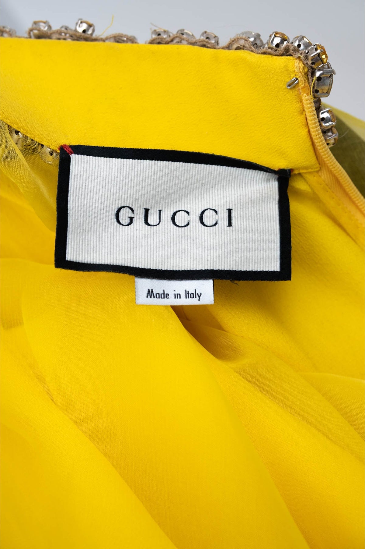 Gucci Yellow Jeweled Collar Silk Chiffon Layered Gown